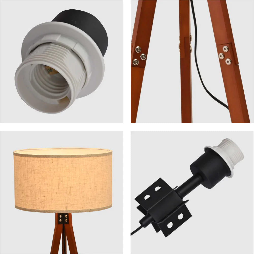 Close up of Mid-century Wooden Tripod Vintage Floor Lamp Dark Brown Flaxen | TEKLED 130-03516
