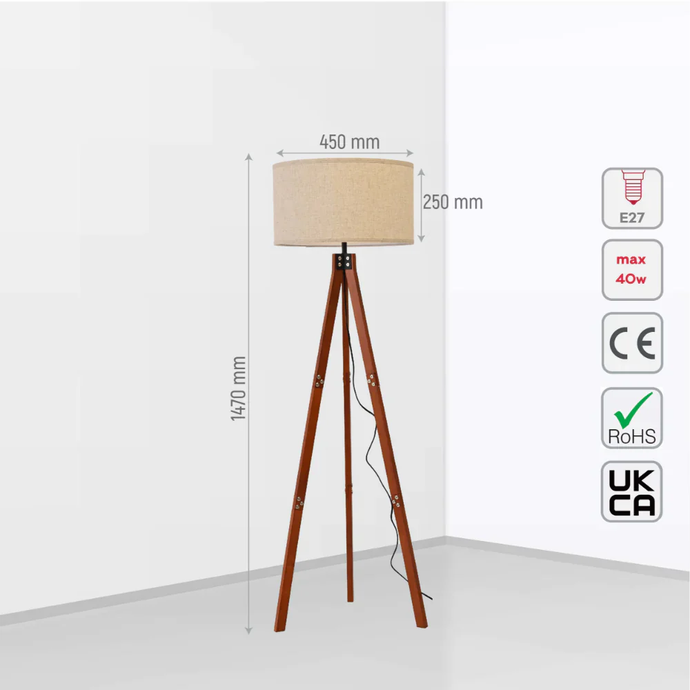 Size and tech specs of Mid-century Wooden Tripod Vintage Floor Lamp Dark Brown Flaxen | TEKLED 130-03516