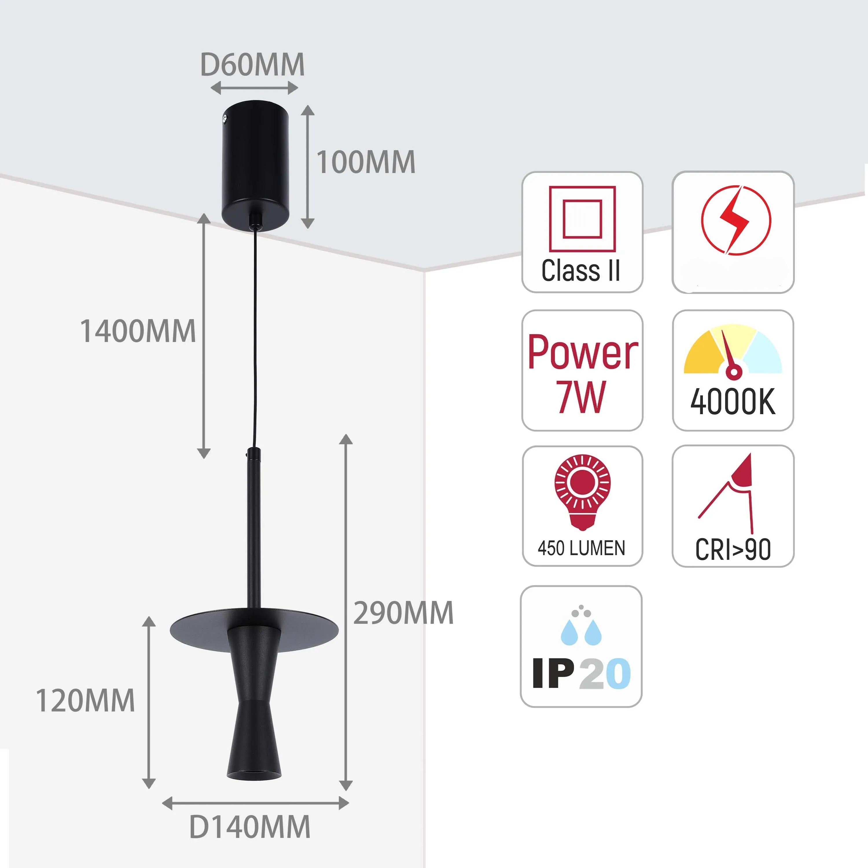 Lámpara colgante minimalista en forma de trompeta - 7W LED, 4000K luz blanco frío, IP20
