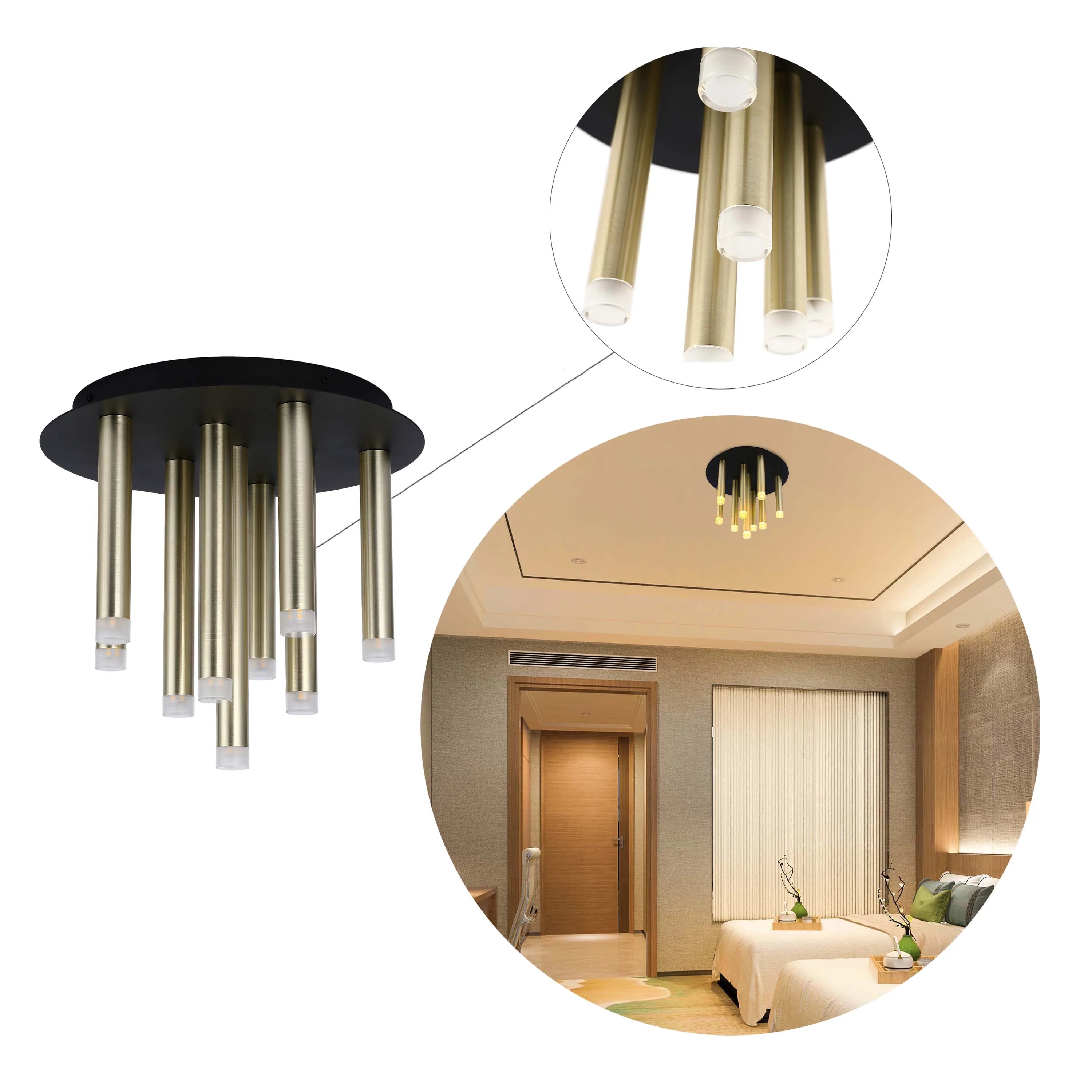 Lámpara de techo moderna dorada cilíndrica de 9 luces con difusores esmerilados