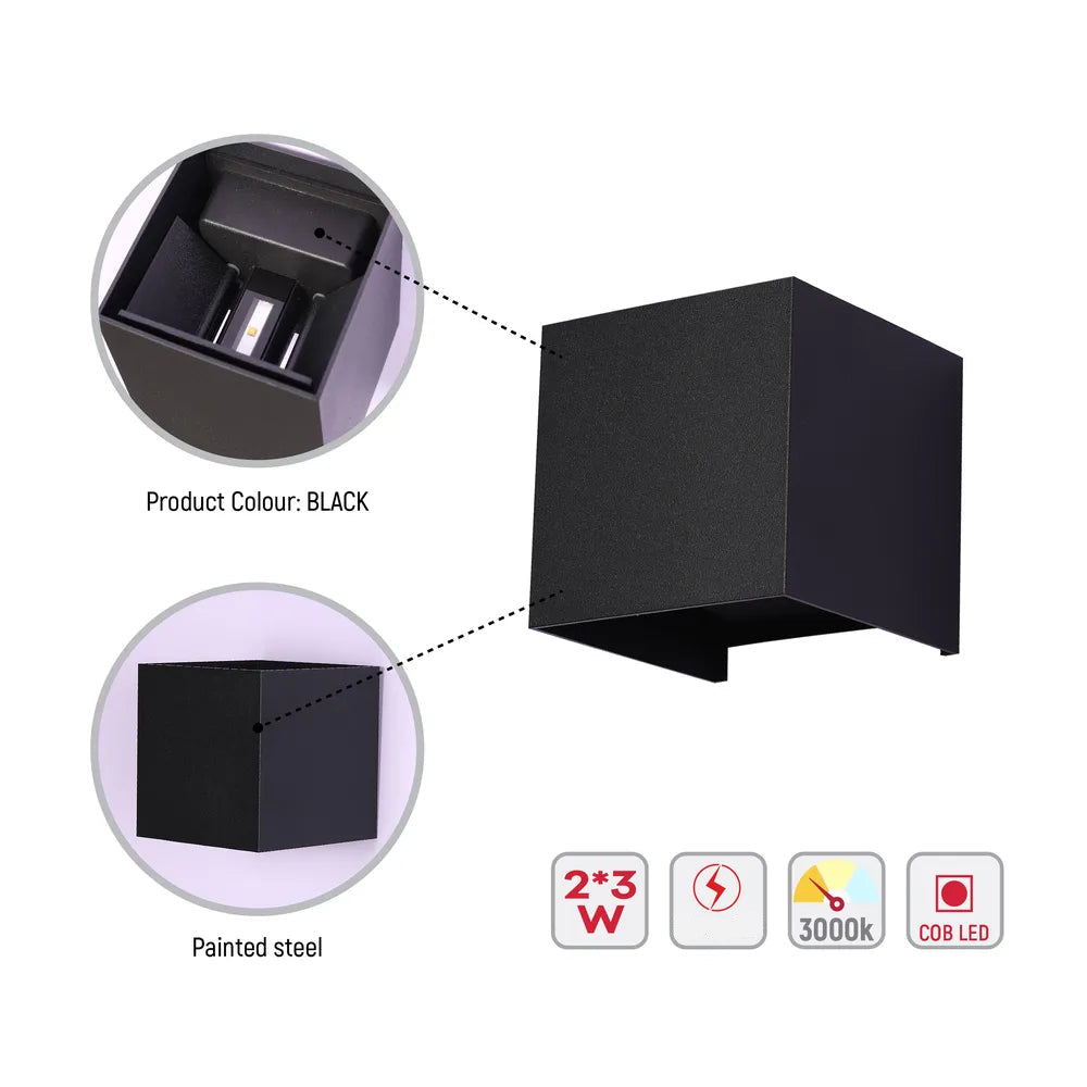 Detalles de la Aplique LED Cubo Moderno, Doble Haz IP54, 2x3W 3000K Blanco Cálido para Iluminación Exterior e Interior-183-03292