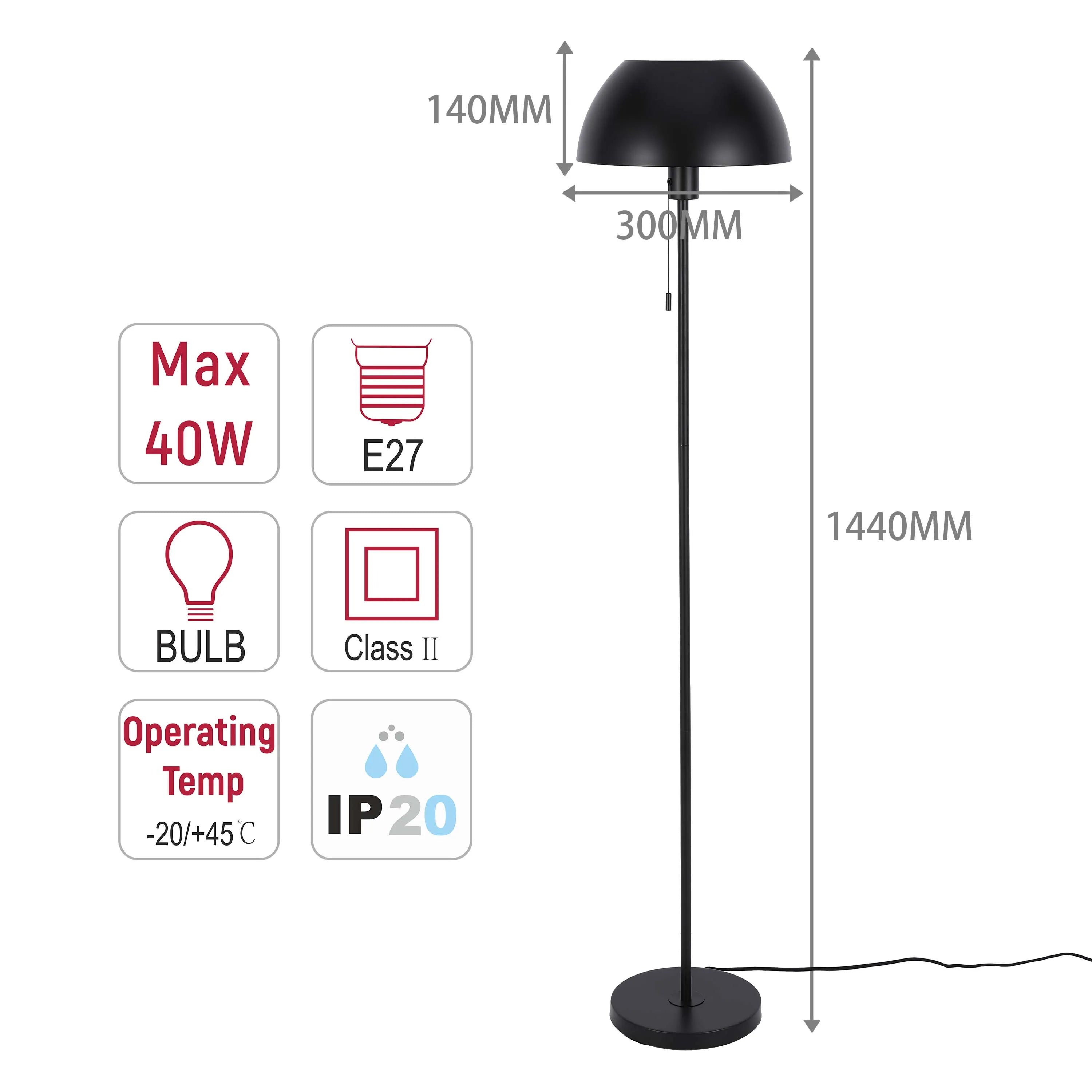 Lámpara de pie moderna tipo cúpula – Portalámparas E27, altura 1440 mm, interruptor de cadena tira