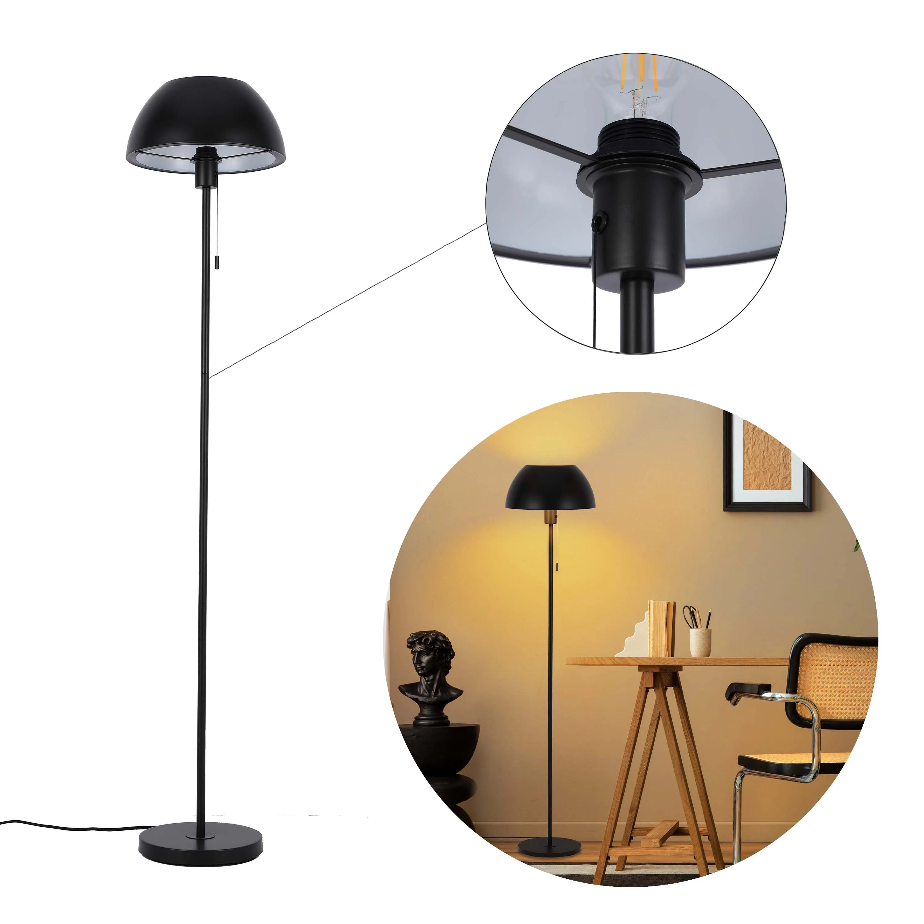 Lámpara de pie moderna tipo cúpula – Portalámparas E27, altura 1440 mm, interruptor de cadena tira
