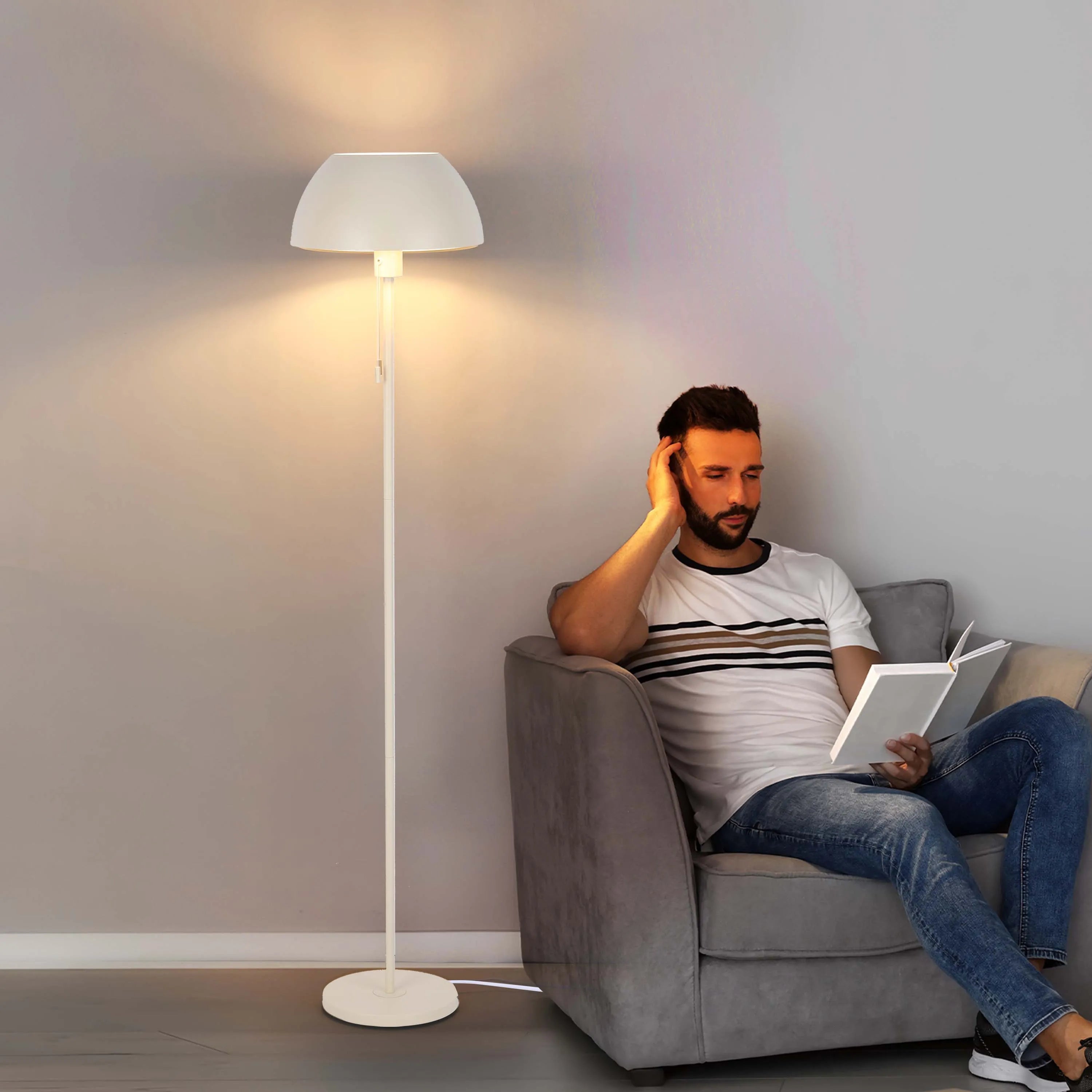 Lámpara de pie moderna tipo cúpula – Portalámparas E27, altura 1440 mm, interruptor de cadena tira