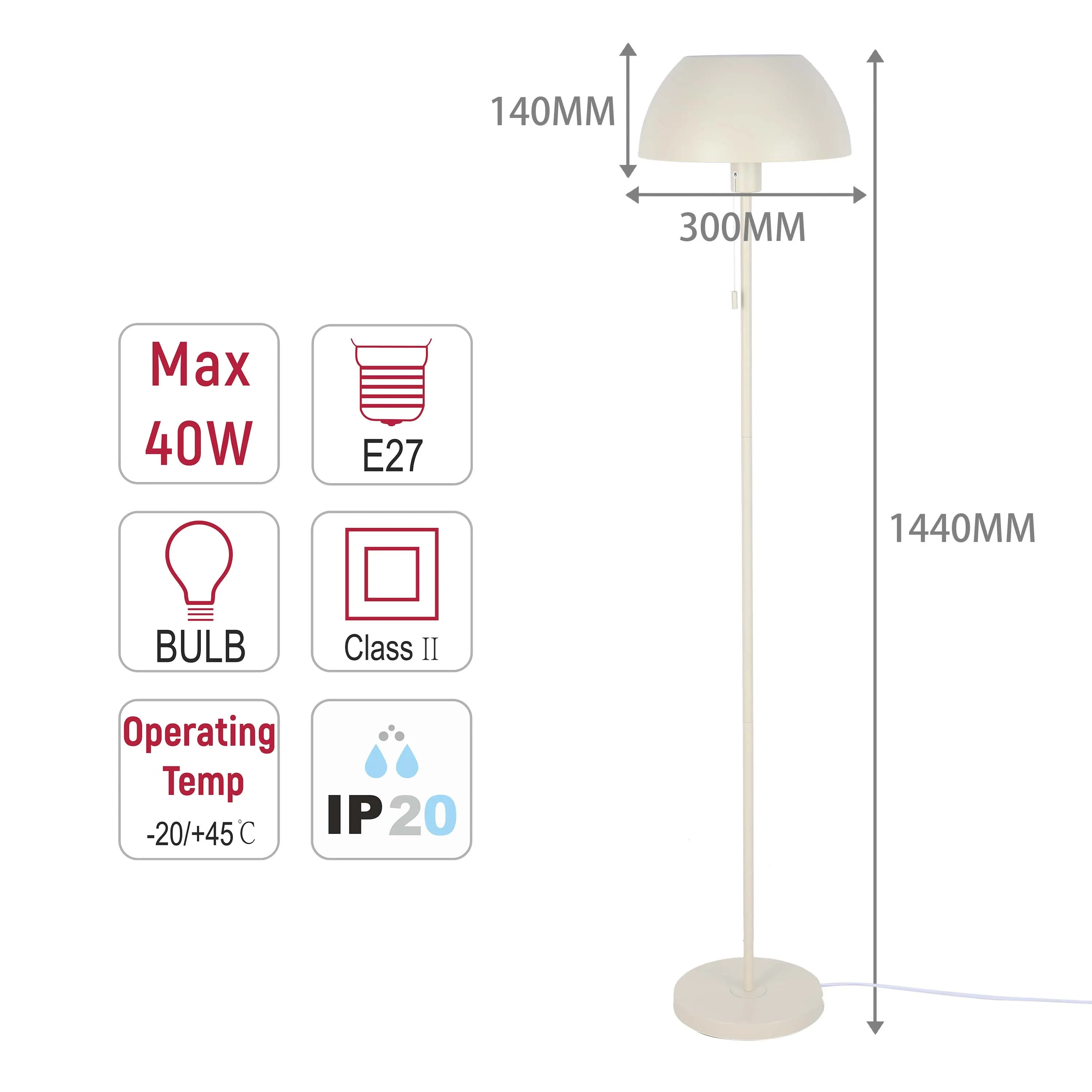 Lámpara de pie moderna tipo cúpula – Portalámparas E27, altura 1440 mm, interruptor de cadena tira