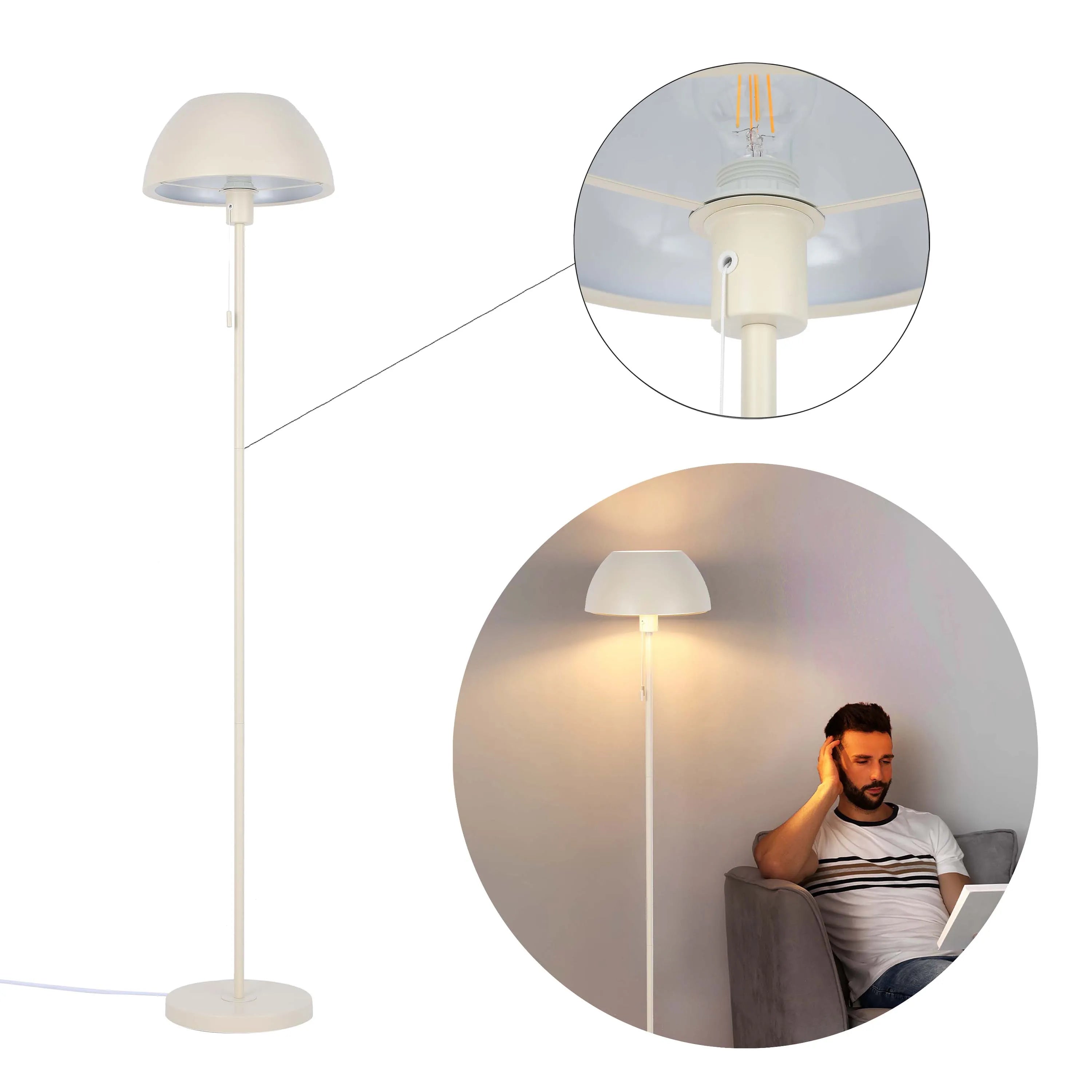 Lámpara de pie moderna tipo cúpula – Portalámparas E27, altura 1440 mm, interruptor de cadena tira