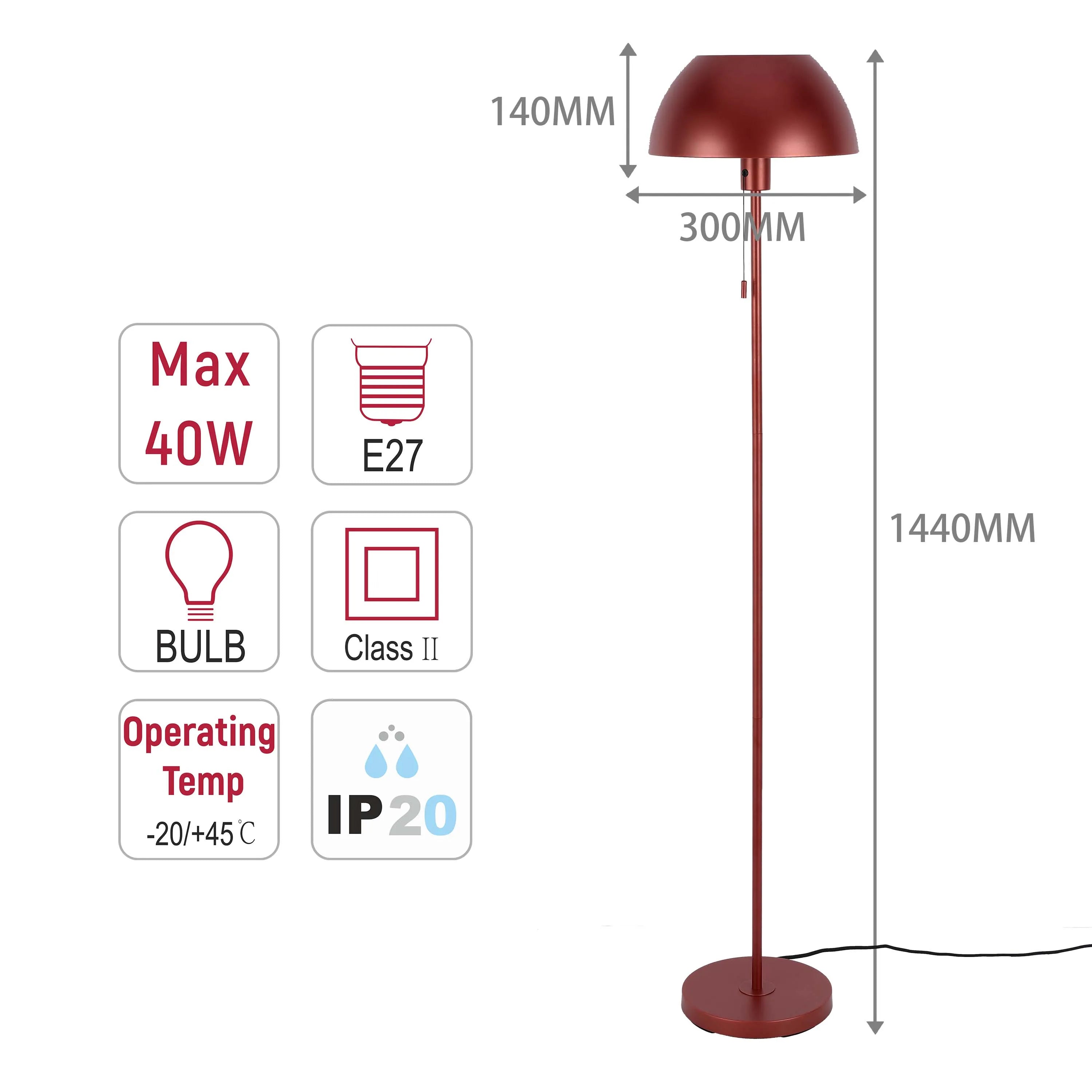 Lámpara de pie moderna tipo cúpula – Portalámparas E27, altura 1440 mm, interruptor de cadena tira
