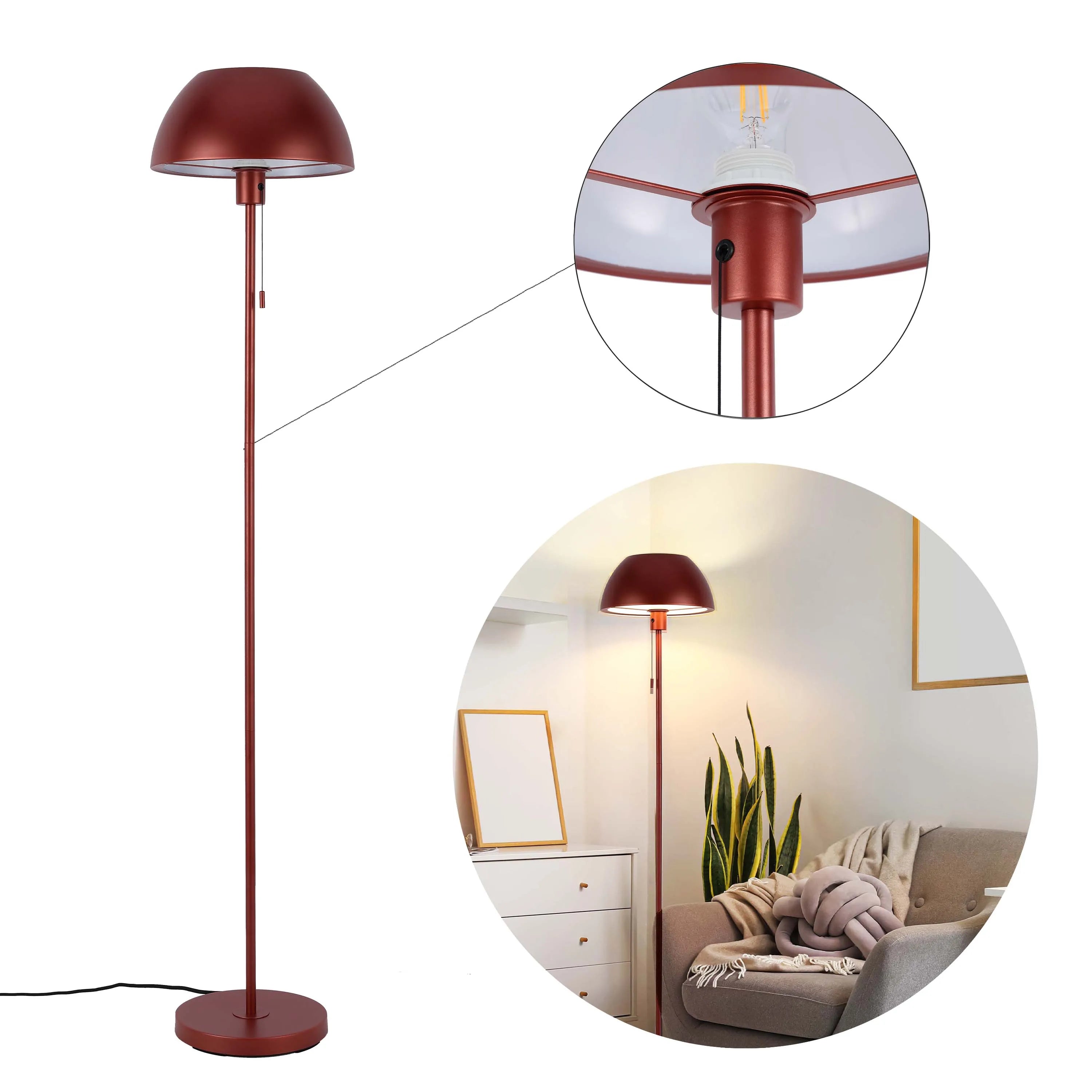 Lámpara de pie moderna tipo cúpula – Portalámparas E27, altura 1440 mm, interruptor de cadena tira