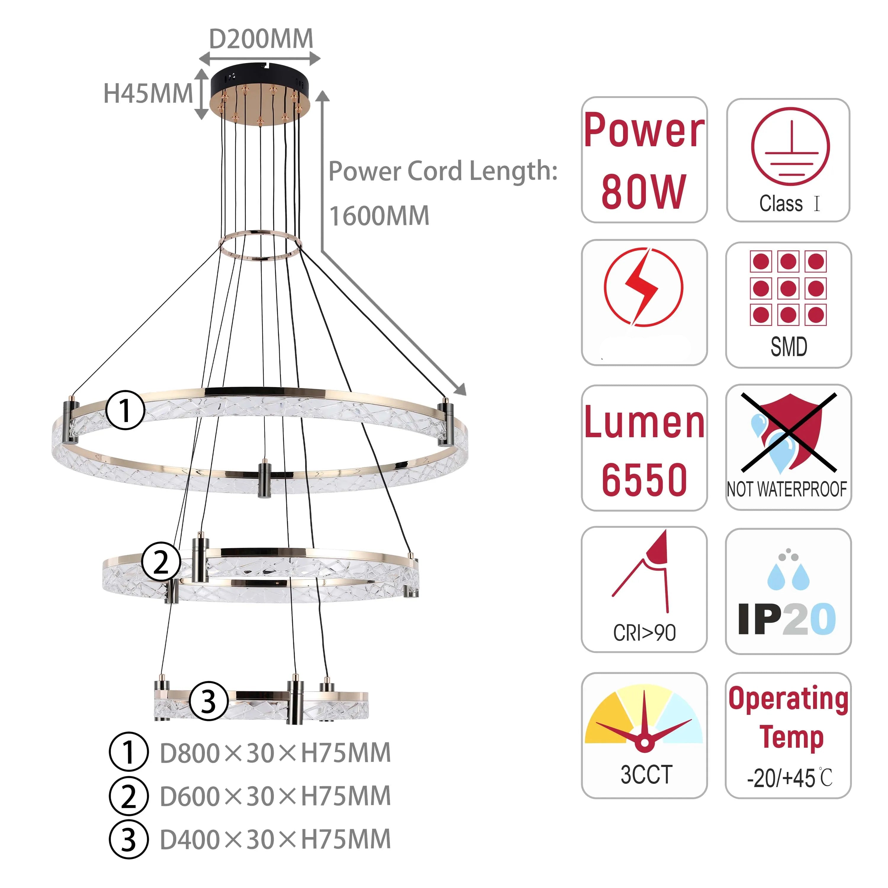 Lámpara de techo moderna LED, colgante de aros de cristal en niveles
