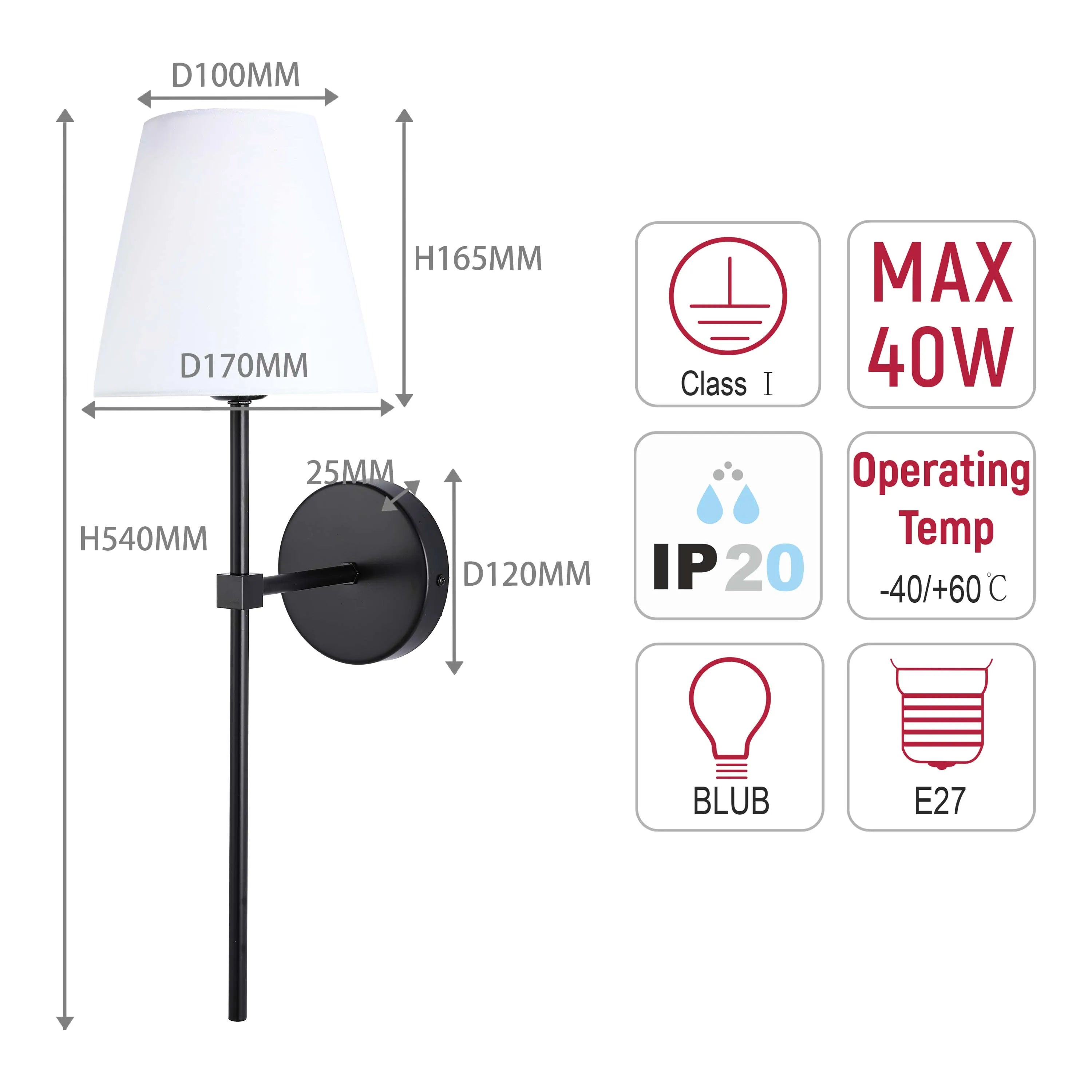 Lámpara de pared moderna con pantalla de tela blanca – Base E27, 540 mm de altura, regulable