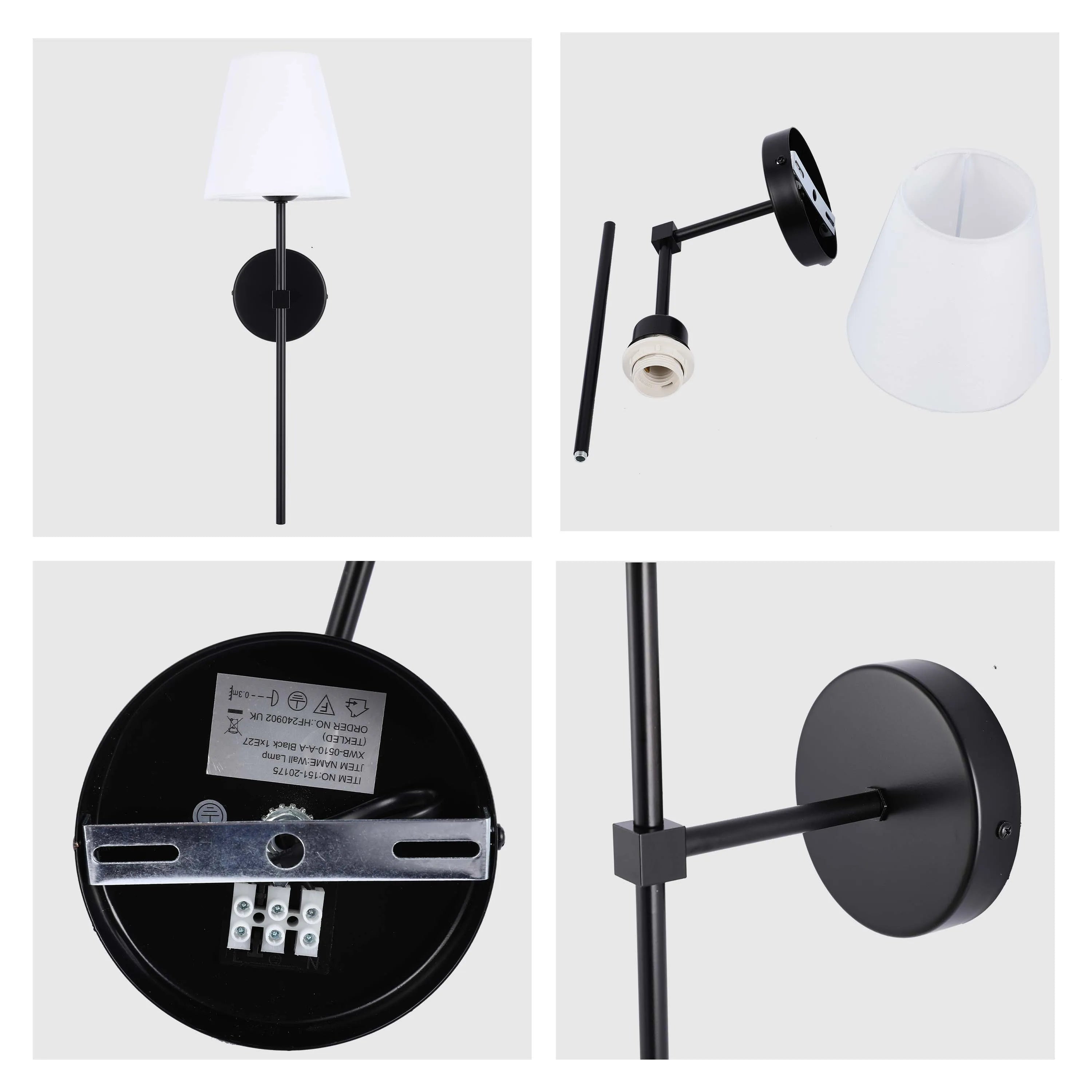 Lámpara de pared moderna con pantalla de tela blanca – Base E27, 540 mm de altura, regulable