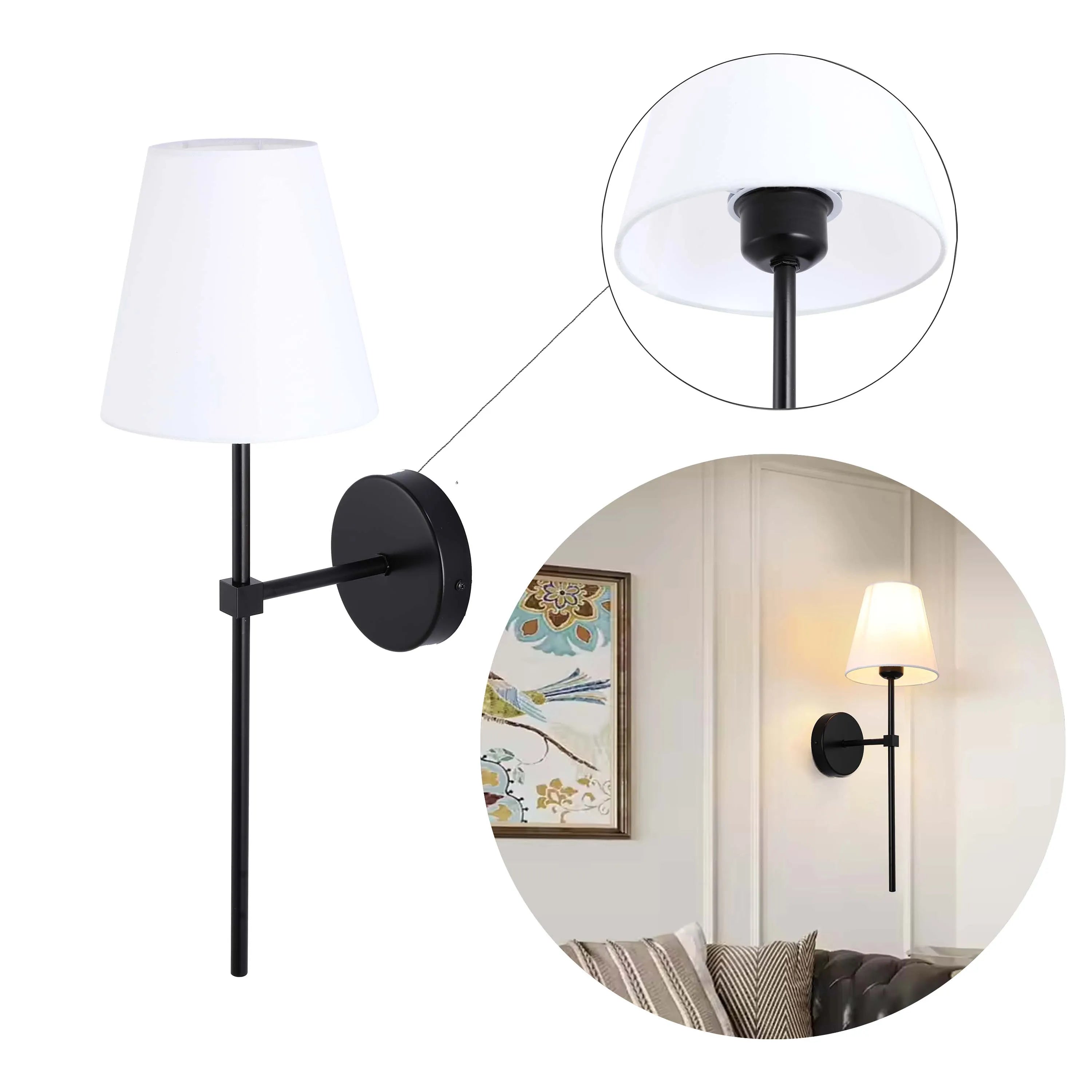 Lámpara de pared moderna con pantalla de tela blanca – Base E27, 540 mm de altura, regulable