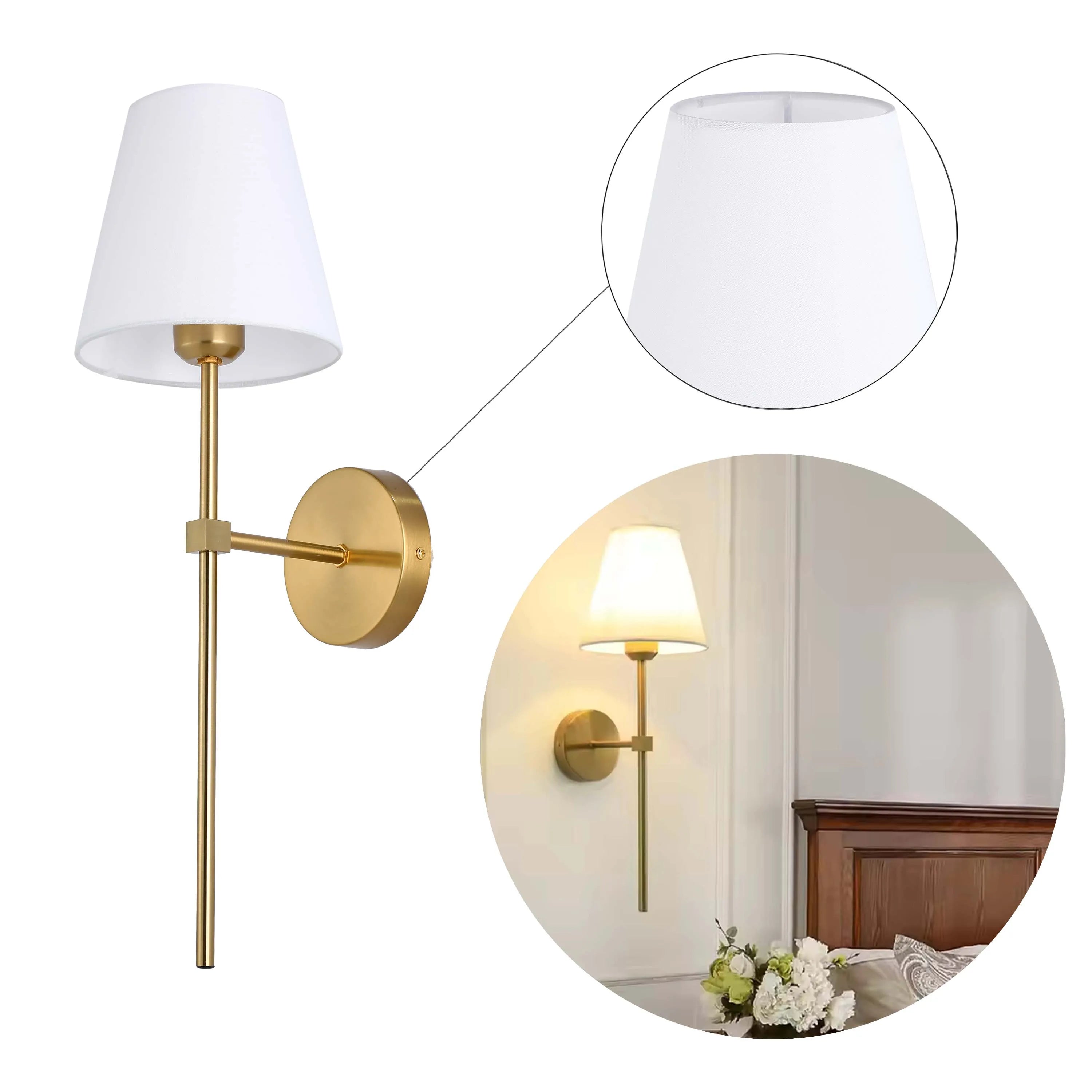 Lámpara de pared moderna con pantalla de tela blanca – Base E27, 540 mm de altura, regulable