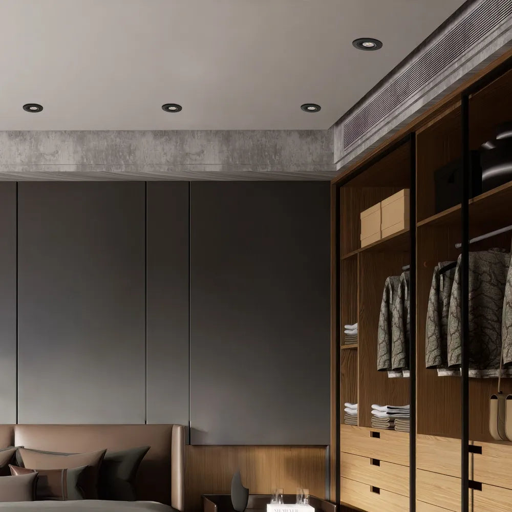 Foco empotrado moderno GU10 iluminando una cocina elegante con decoración minimalista, mejorando el estilo y la funcionalidad.143-03998