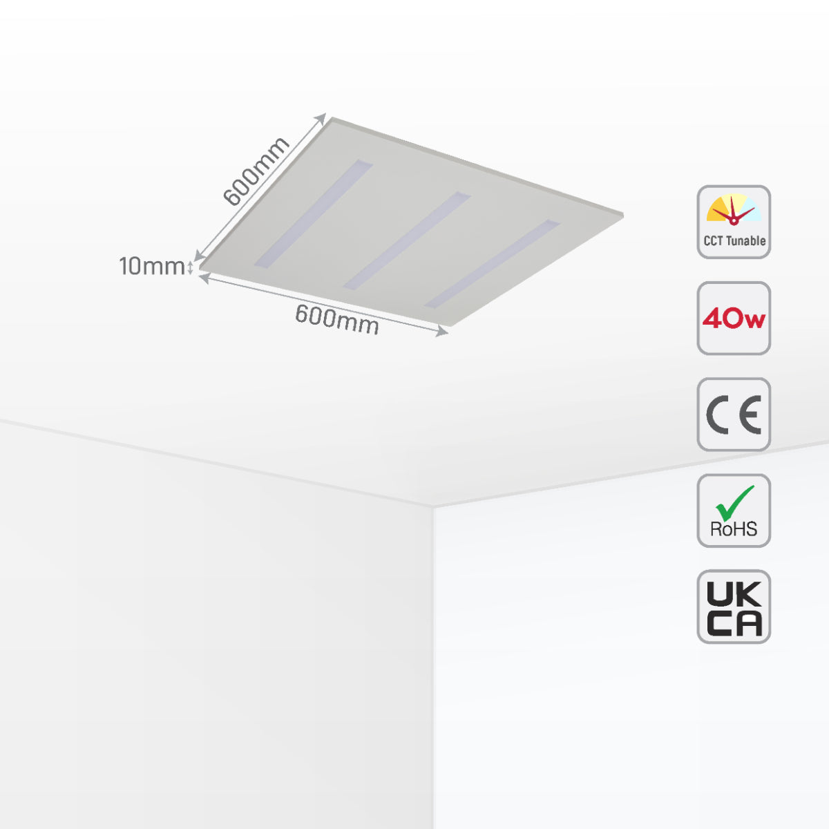 Panel LED de 40W ideal para oficinas modernas, proporcionando iluminación eficiente y funcional con tres temperaturas de color.