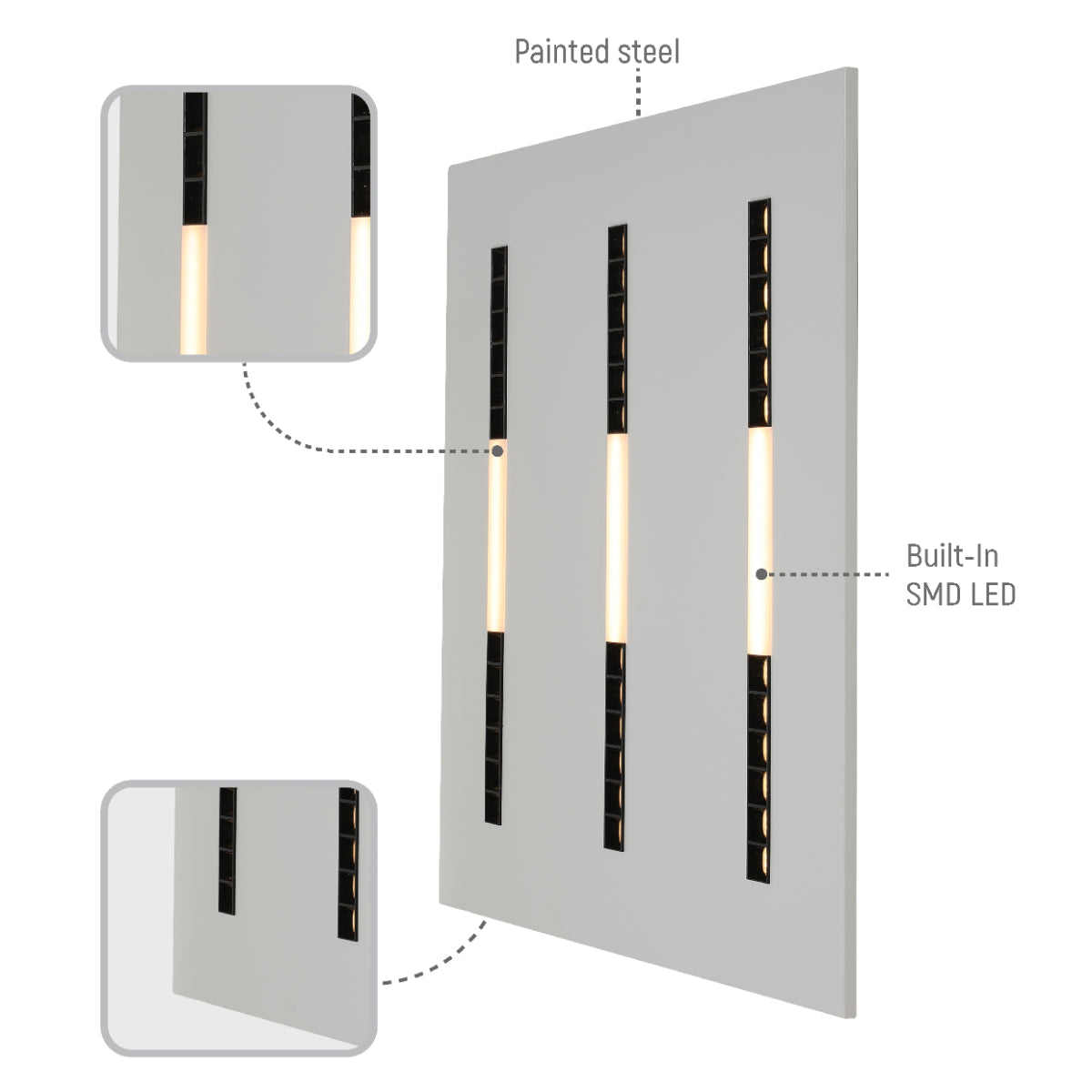 Panel LED cuadrado de 40W para oficinas, con bajo UGR y perfil moderno, ideal para iluminar espacios de trabajo contemporáneos.