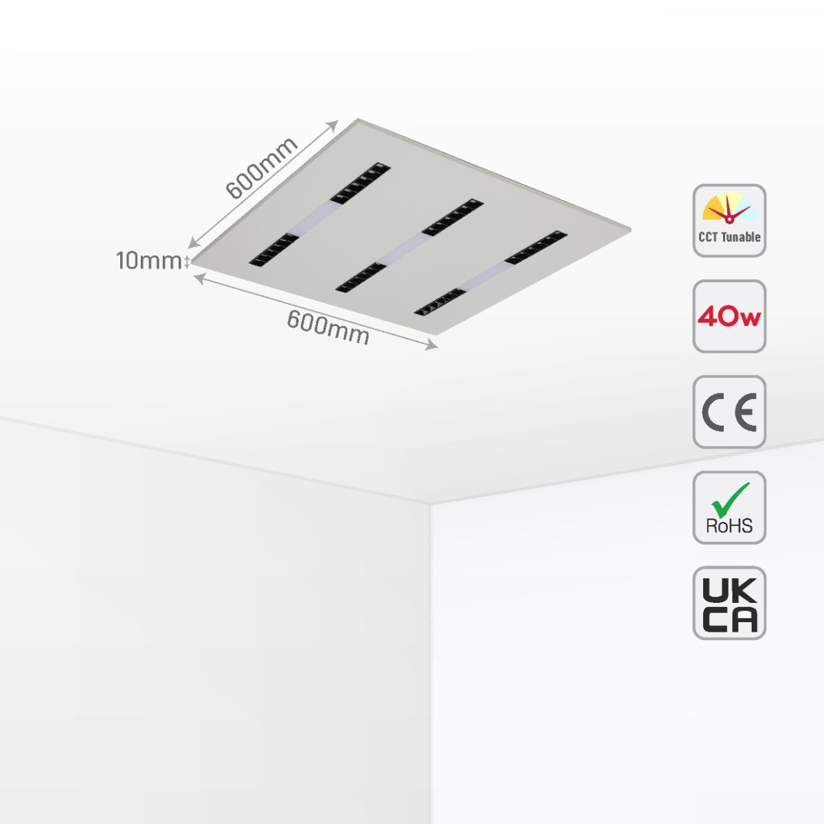 Panel LED de 40W, ideal para oficinas modernas, con luz anti-reflejo y múltiples temperaturas de color, proporcionando luz eficiente.