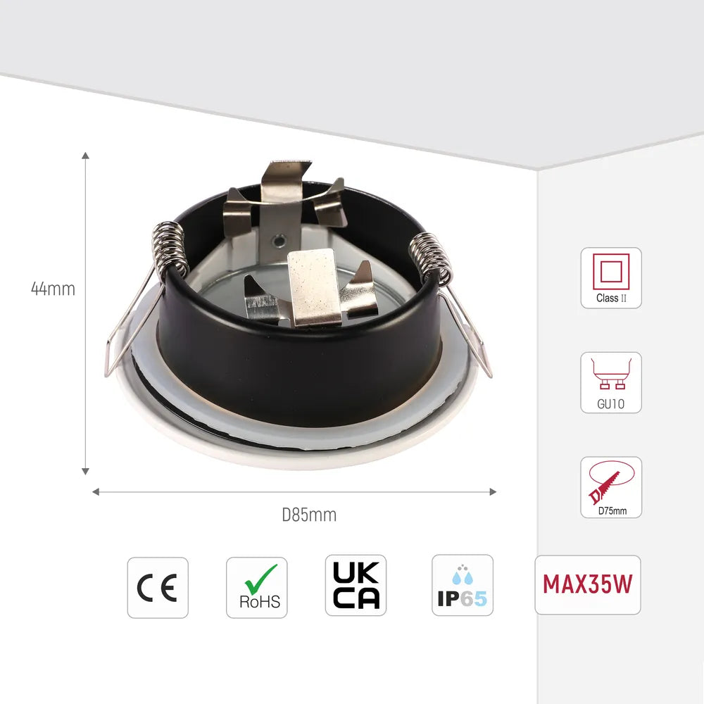 Tamaño y especificaciones técnicas del Downlight Empotrado IP65 GU10 con Caja de Conexiones - Negro/Blanco-143-03407