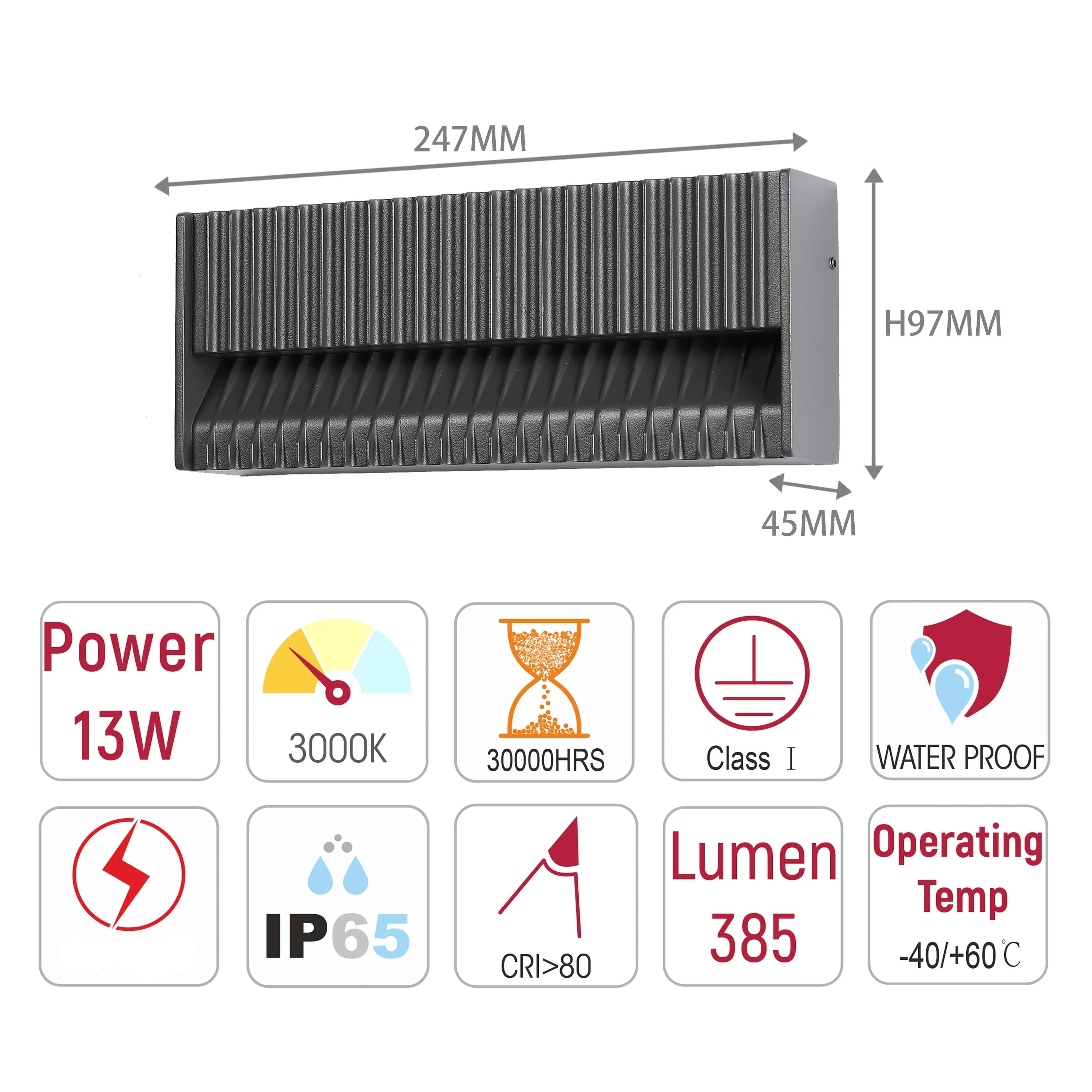 Lámpara de pared rectangular para exterior con protección IP65