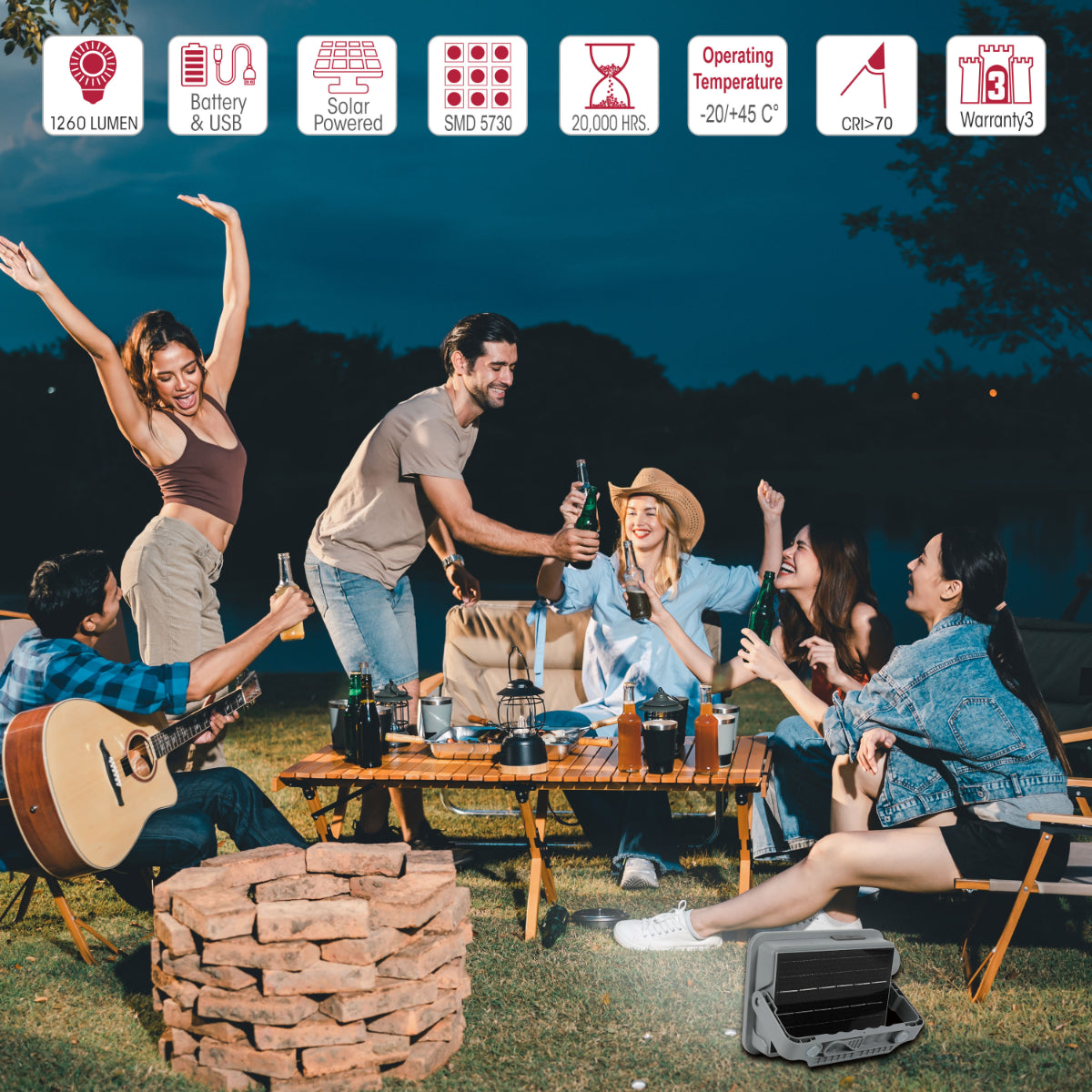 Foco de emergencia recargable solar de 5 en 1, ideal para exteriores y decoración rústica en jardines o espacios al aire libre.