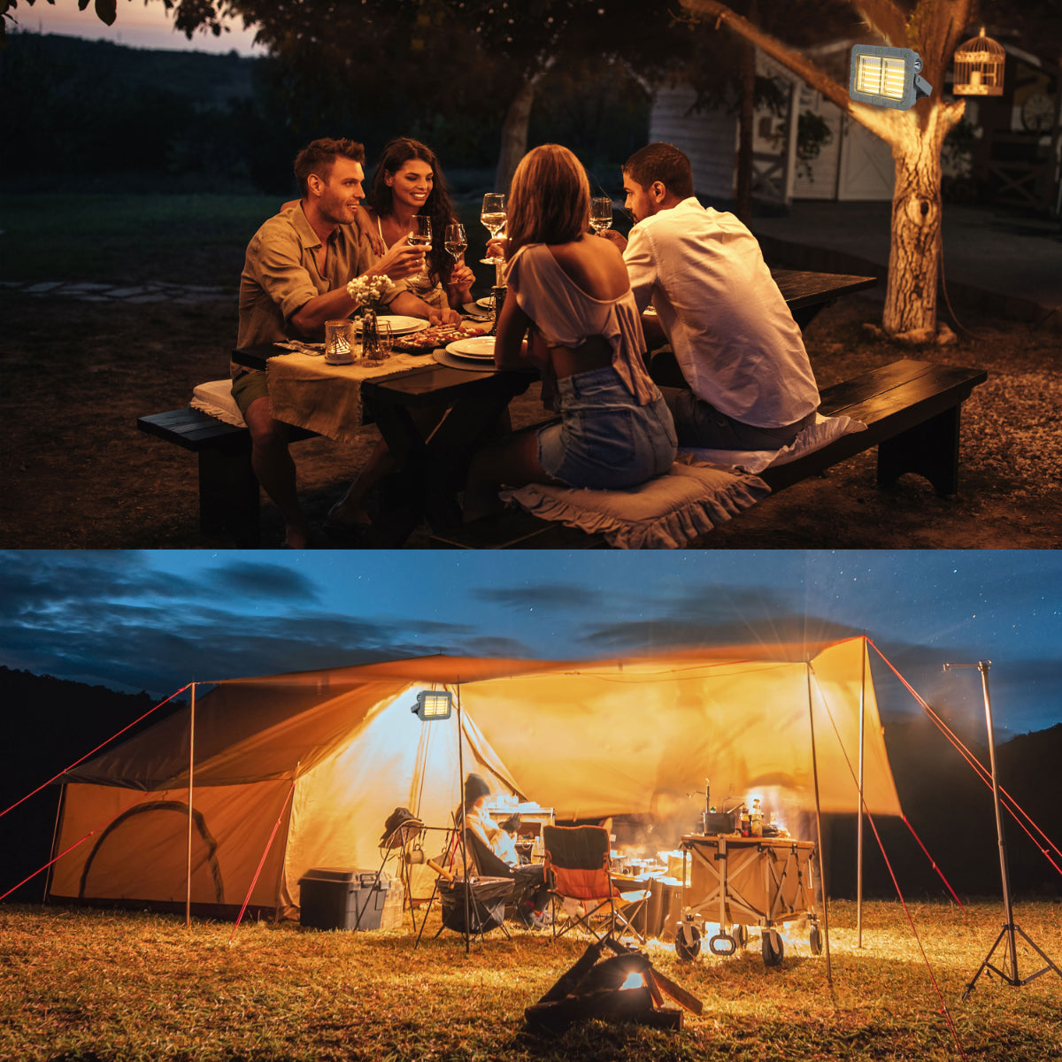 Foco de emergencia solar multifuncional en uso exterior, ideal para camping o bricolaje, combinando practicidad y diseño moderno.