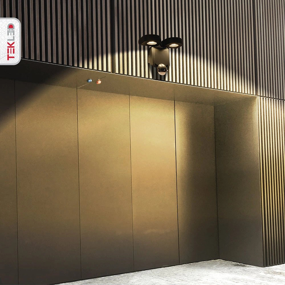 Wall-A Double Head Security Floodlight with PIR Sensor 20W Cool White 4000K in use in commercial setting