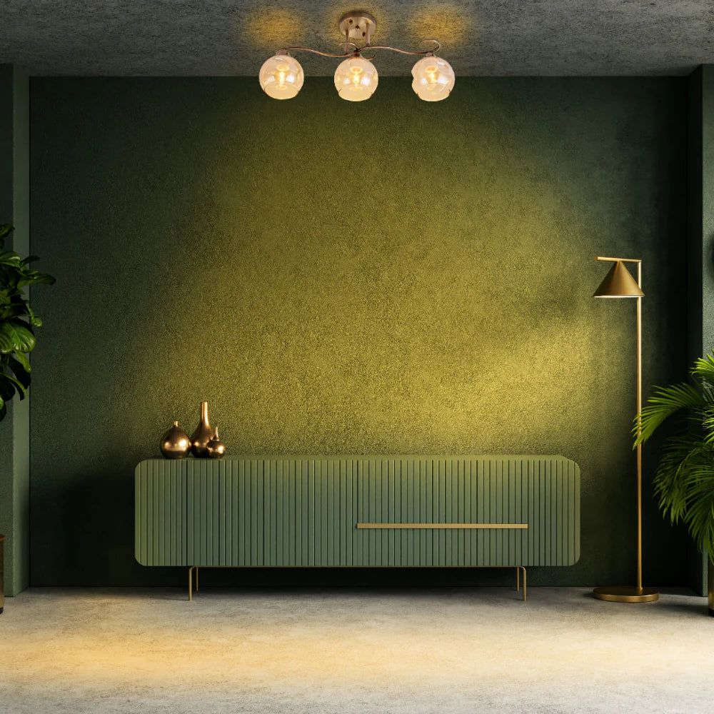 Living room kitchen bedroom use of S-Curve Antique Brass and Dimpled Amber Globe Light | TEKLED 159-179980