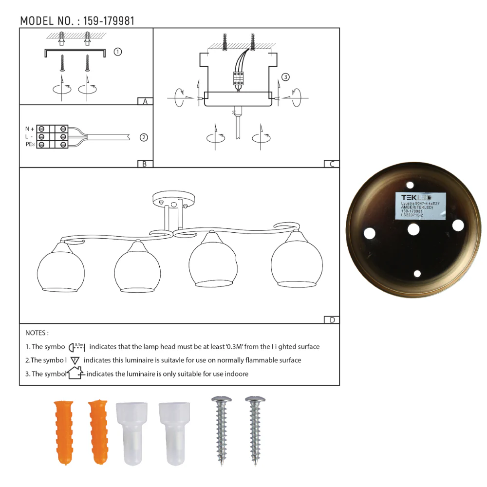 User manual for S-Curve Antique Brass and Dimpled Amber Globe Light | TEKLED 159-179981