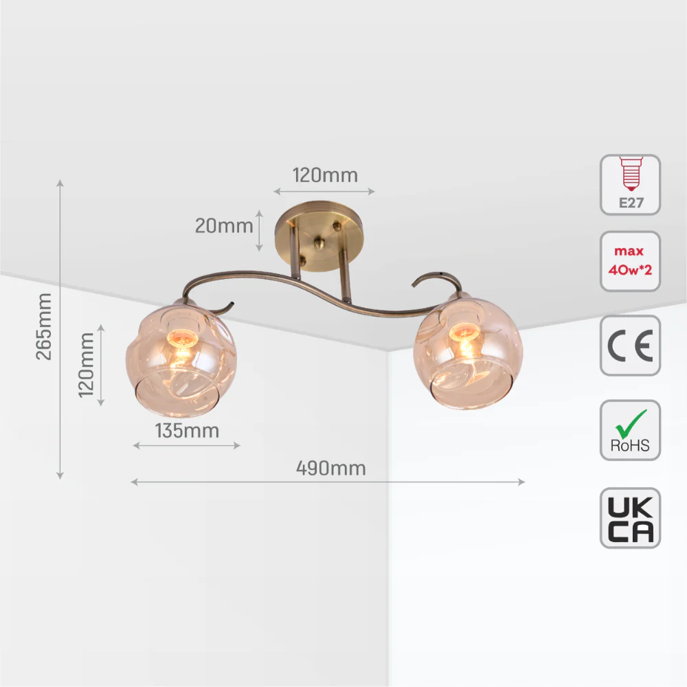 Size and tech specs of S-Curve Antique Brass and Dimpled Amber Globe Light | TEKLED 159-17998