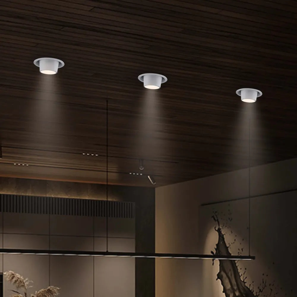 Downlight LED moderno en una sala de estar elegante, destacando la decoración minimalista y proporcionando iluminación ajustable para ambiente y funcionalidad.143-03409
