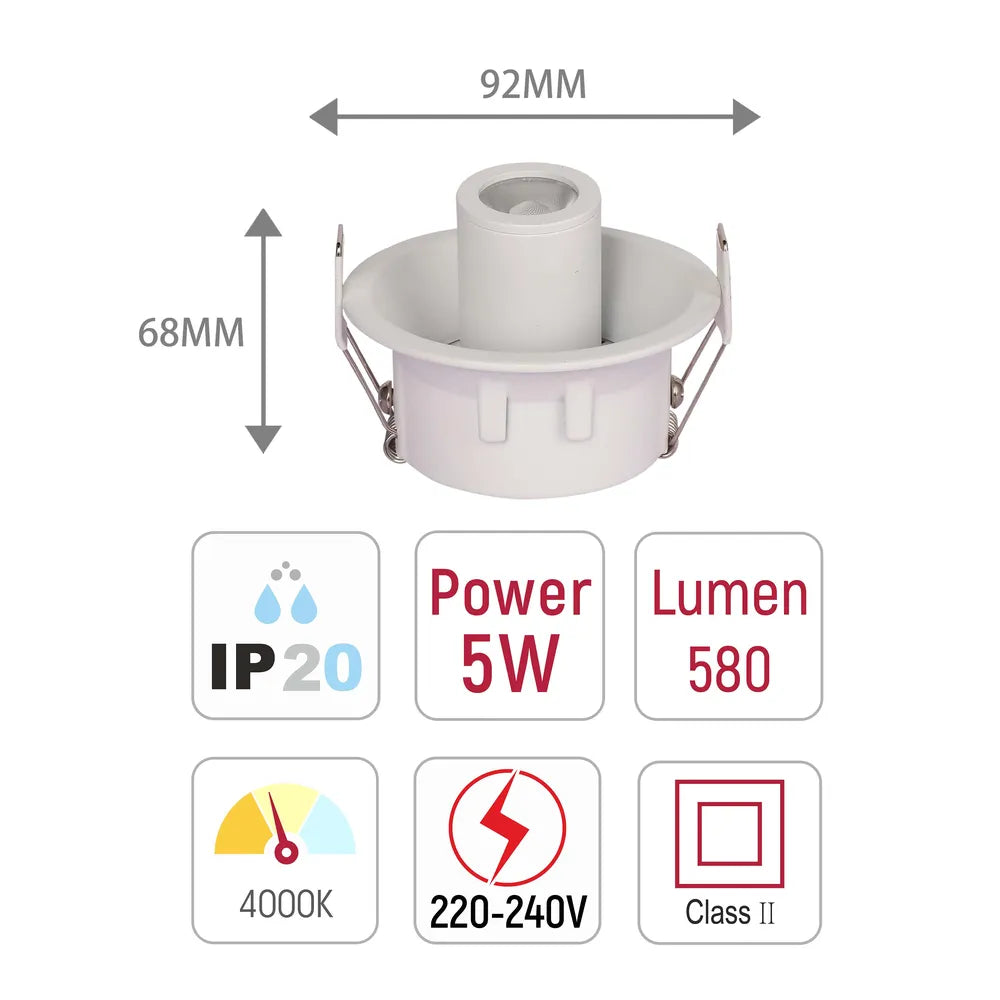 Tamaño y especificaciones técnicas del Downlight LED Empotrado de Gimbal Ajustable Compacto Sentinel-143-03418