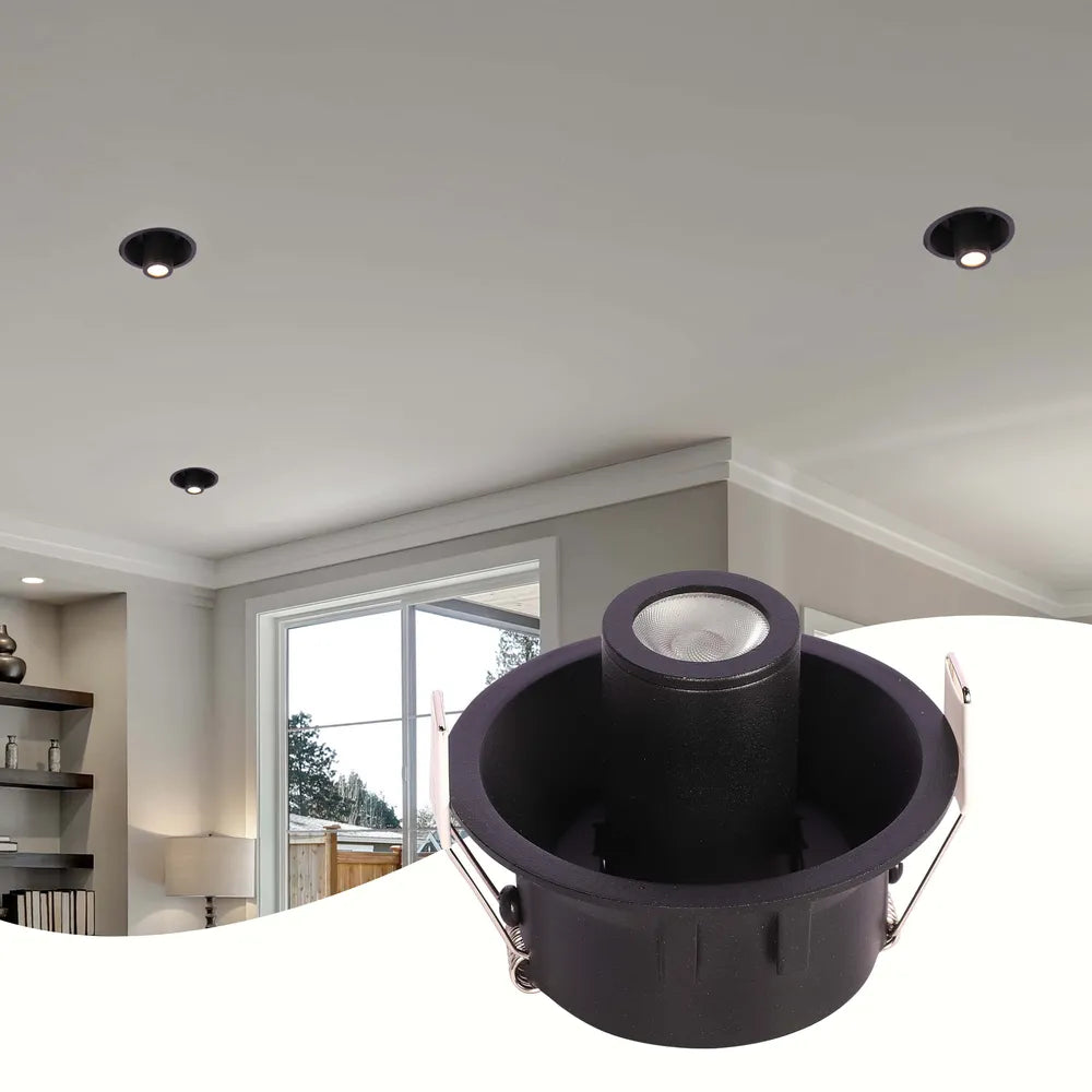 Foco LED empotrable elegante que exhibe un diseño moderno en un entorno de sala de estar con decoración contemporánea, proporcionando una iluminación brillante y ajustable.143-03420