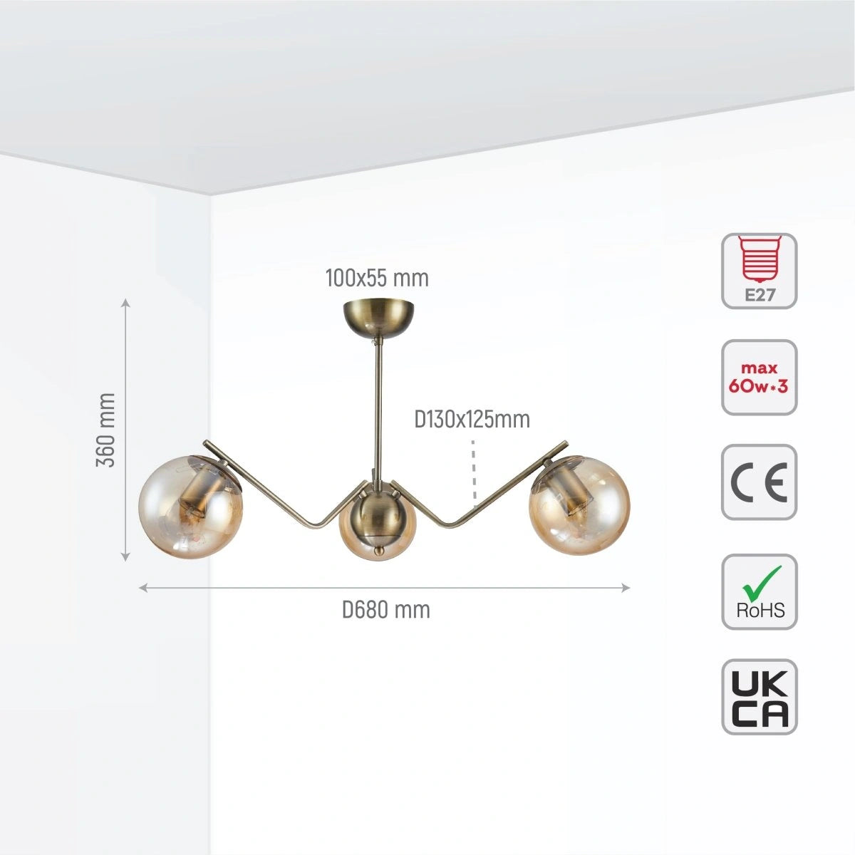 Size and tech specs of Amber Cone Glass Antique Brass Metal Spider Semi Flush Ceiling Light | TEKLED 159-17188