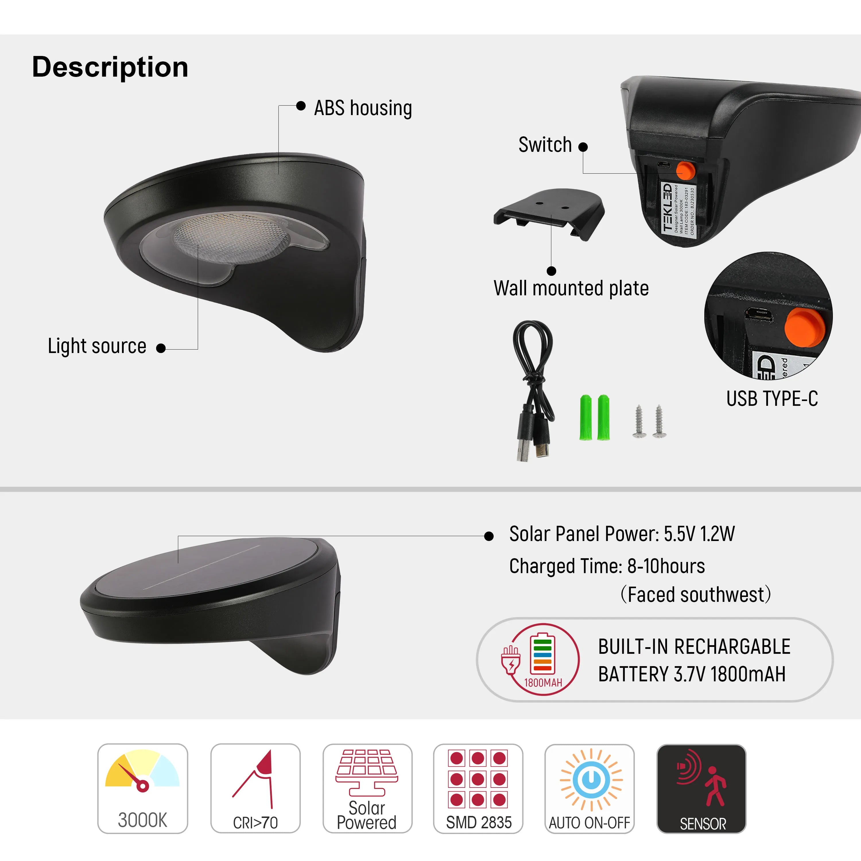 Aplique de Pared LED Curvo con Energía Solar, Sensor de Movimiento, 3000K Blanco Cálido, Recargable para Uso Exterior, Luz de Seguridad Solar con Sensor, TEKLED