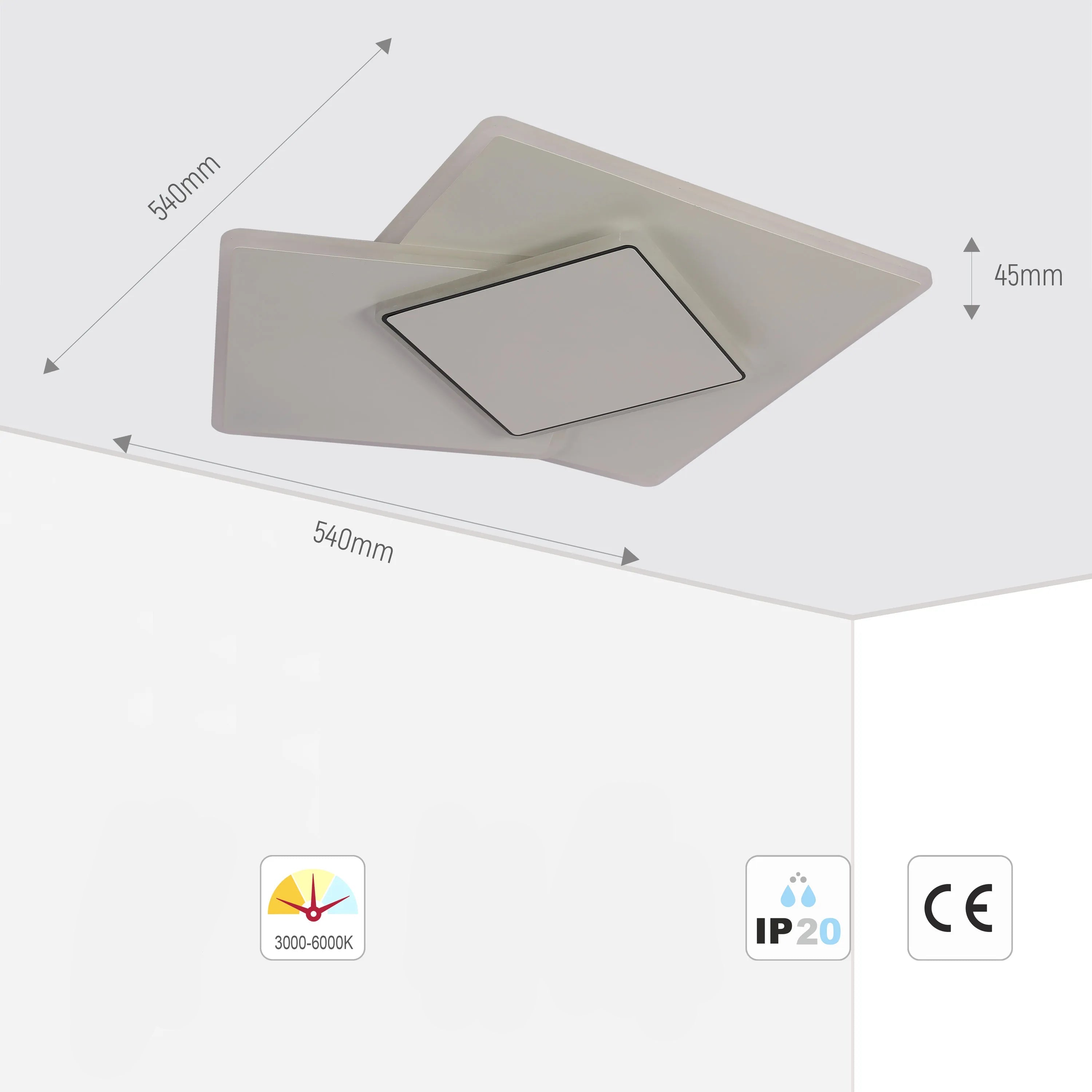 Lámpara de Techo LED Cuadrada Triple Escalonada, CCT, 45W, Montaje a Ras, Lámpara LED de Techo Empotrada, TEKLED