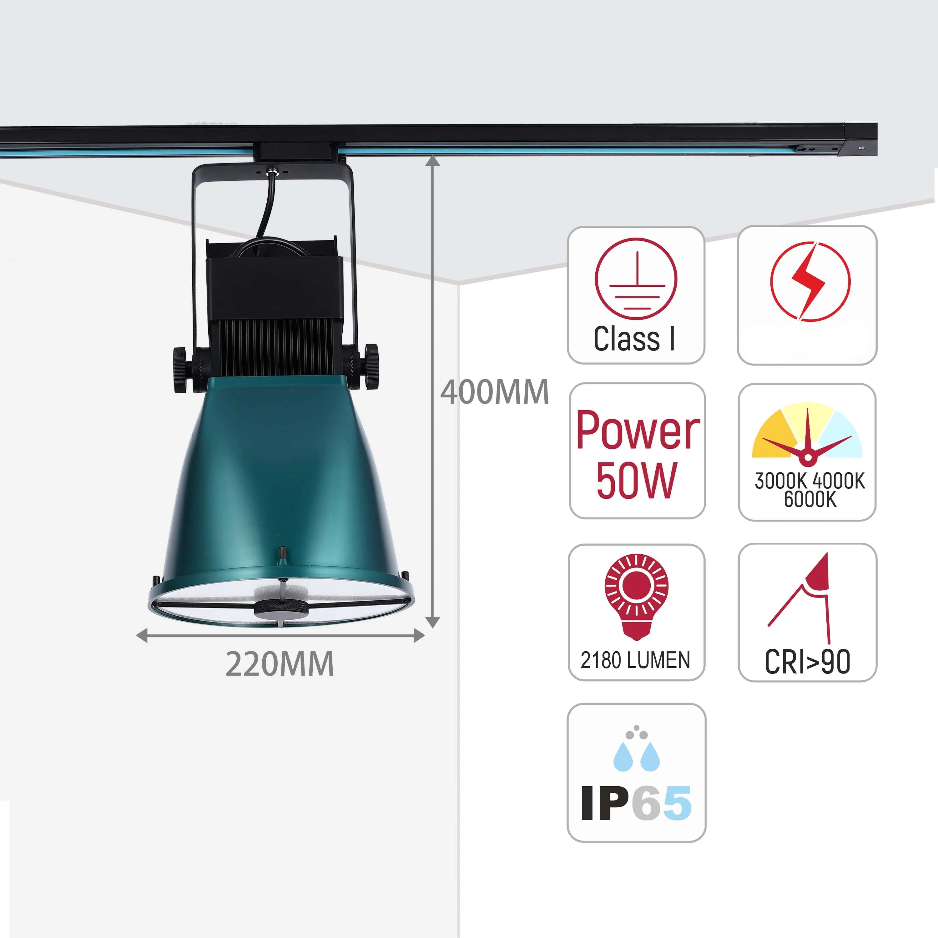 Foco de Carril LED Ajustable con Pantalla en Cúpula Turquesa