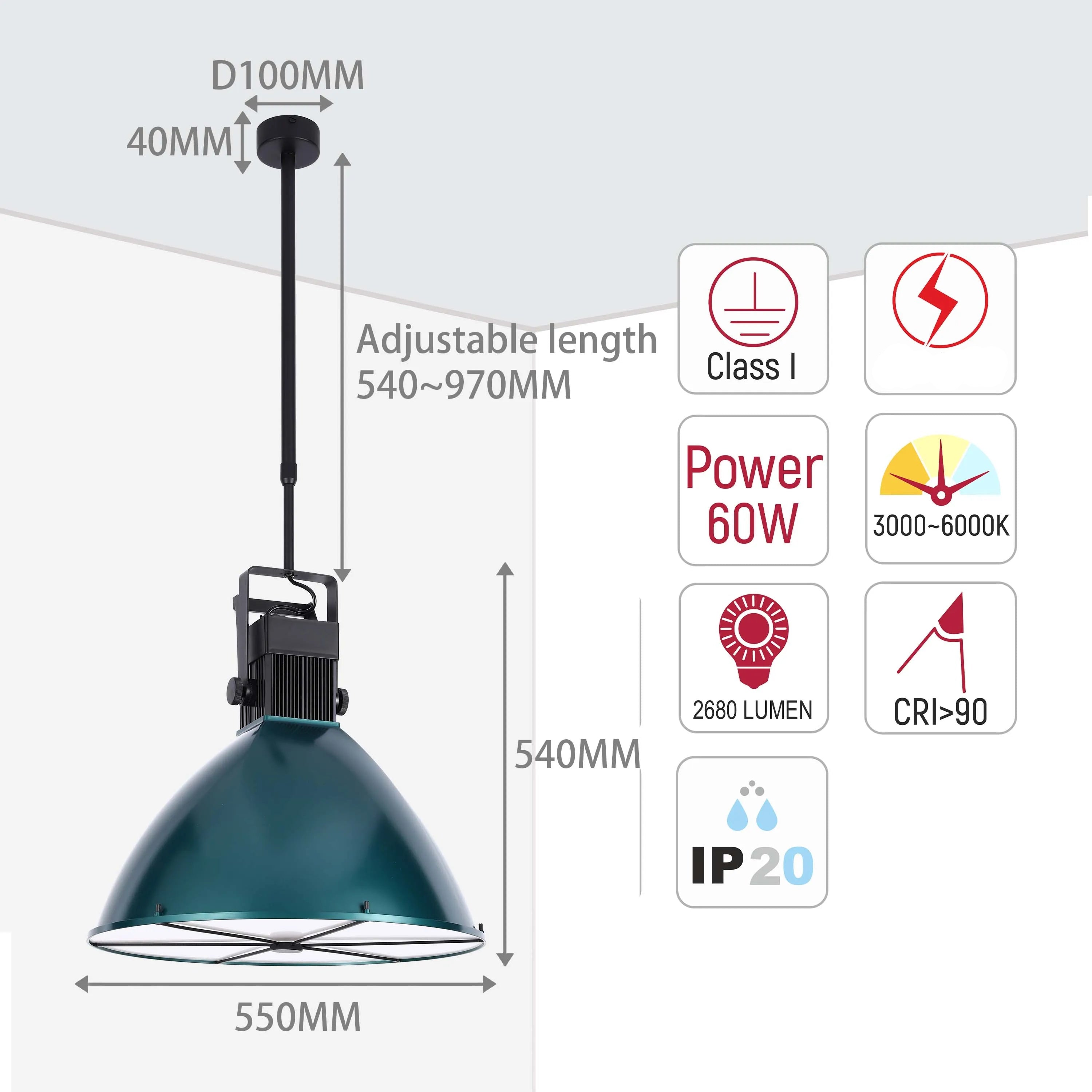 Lámpara colgante con foco ajustable verde azulado con diseño de cruz y control remoto