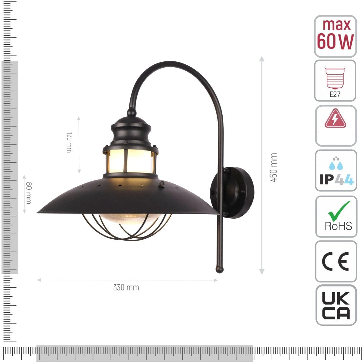Technical specifications and measurements for Sunflower Wall Lamp Matt Black Clear Glass E27
