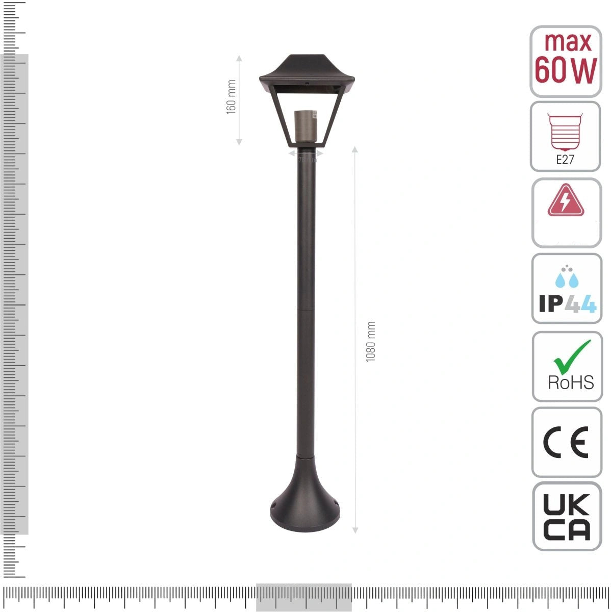 Technical specifications and measurements for Bollard Lawn Lamp 1M Pole Matt Black Clear Glass E27