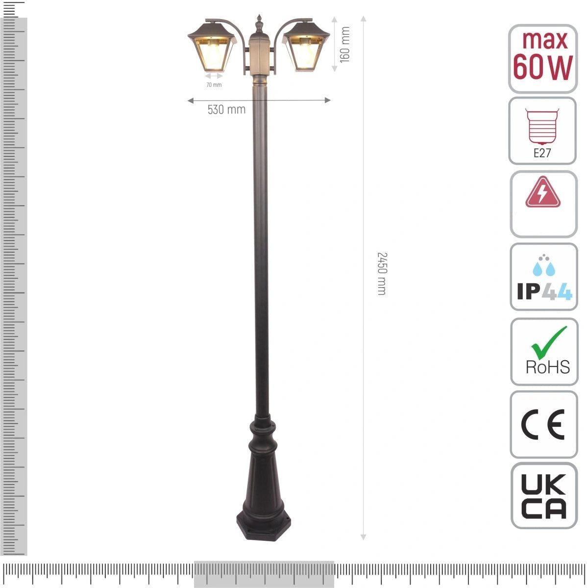 Technical specifications and measurements for Post Top Lamp Matt Black Clear Glass 2XE27 2.3M