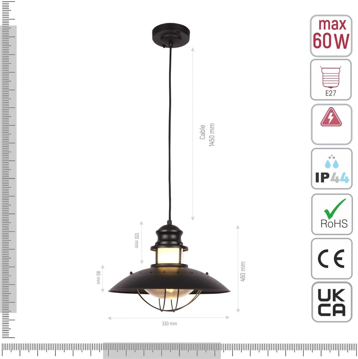 Technical specifications and measurements for Sunflower Pendant Ceiling Lamp Matt Black Clear Glass E27