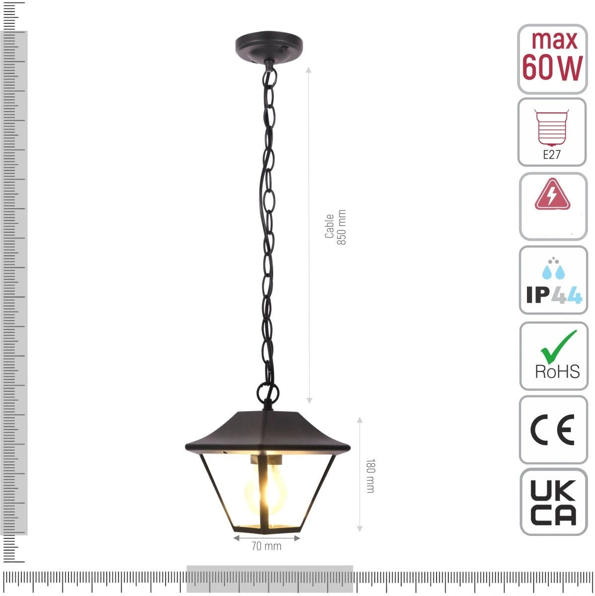 Technical specifications and measurements for Pendant Ceiling Lamp Matt Black Clear Glass E27