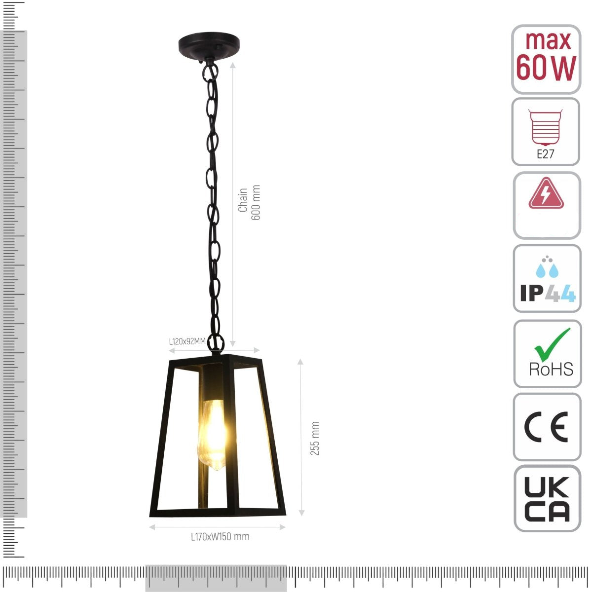 Technical specifications and measurements for Trapezoidal Pendant Ceiling Lamp Matt Black Clear Glass E27