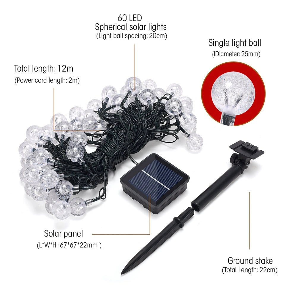 Product dimensions and contents of Lyra Solar Globe 60 LEDs 14m Warm White LED String Light
