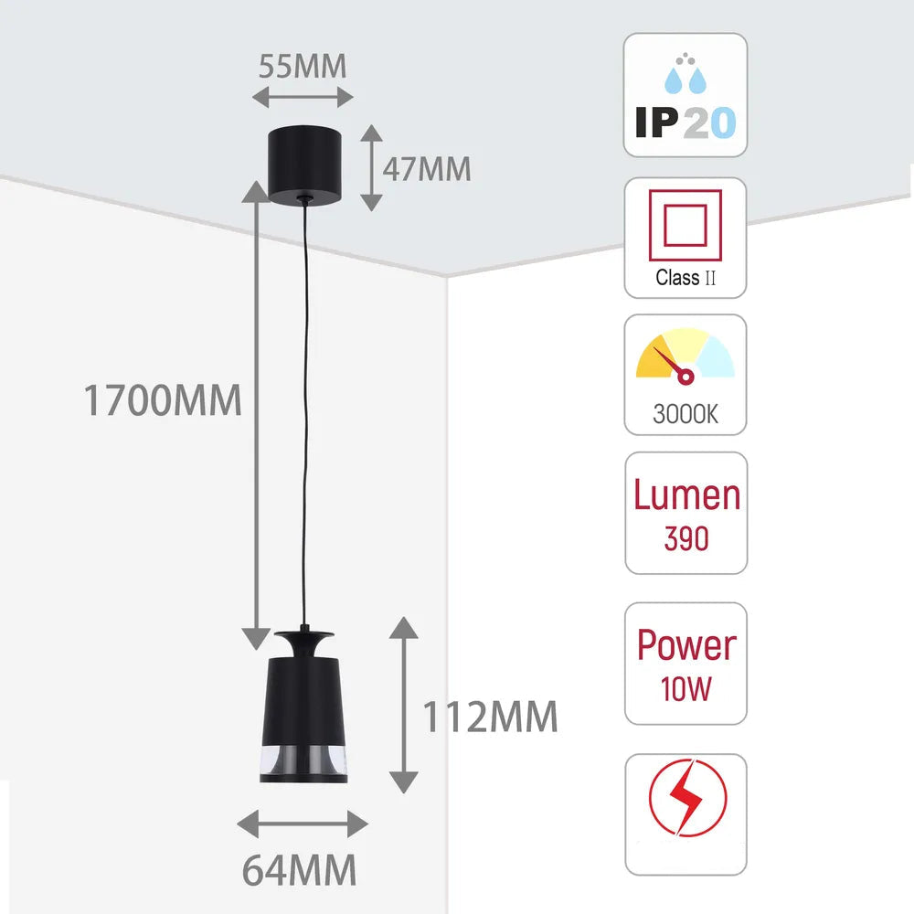Tamaño y especificaciones técnicas del Downlight colgante LED Torchlight 10W acabado en negro, 3000K Blanco Cálido-150-19082