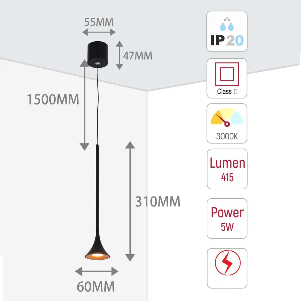 Tamaño y especificaciones técnicas del Colgante LED Downlight Trumpet 5W Blanco Cálido con Interior Dorado-150-19070