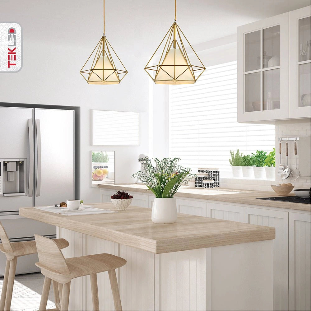 Gold wire opal shade caged funnel pendant light with e27 fitting in kitchen island top