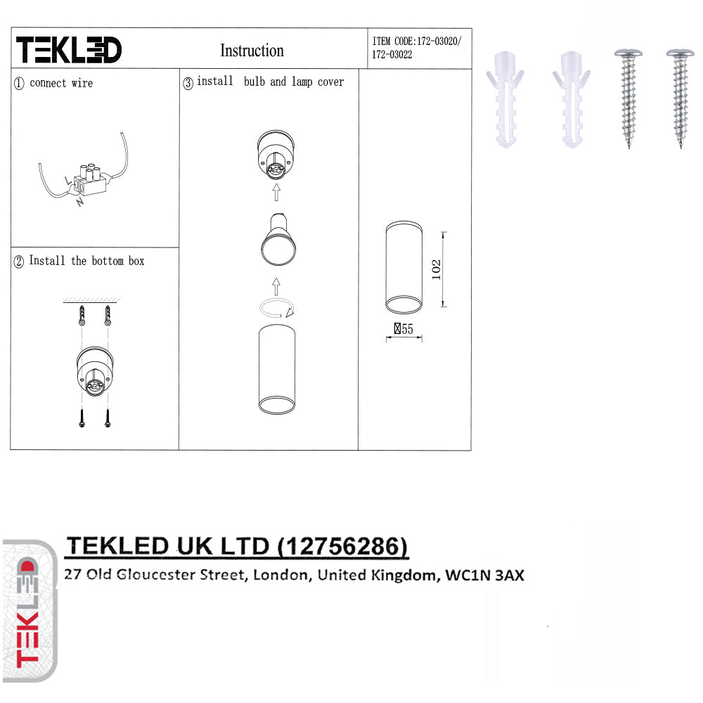 Manual de usuario para Lámpara de Superficie Negra Downlight Cylindro con Portalámparas GU10 | TEKLED 172-03020