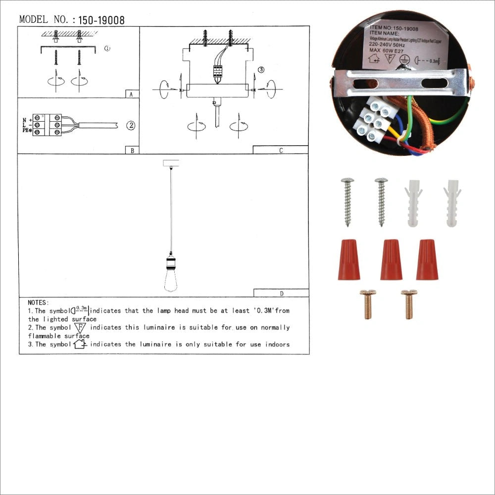 User manual for Vintage Industrial Retro Basic Pendant Ceiling Light E27 Antique Red Bronze Gold Nickel | TEKLED 150-19008