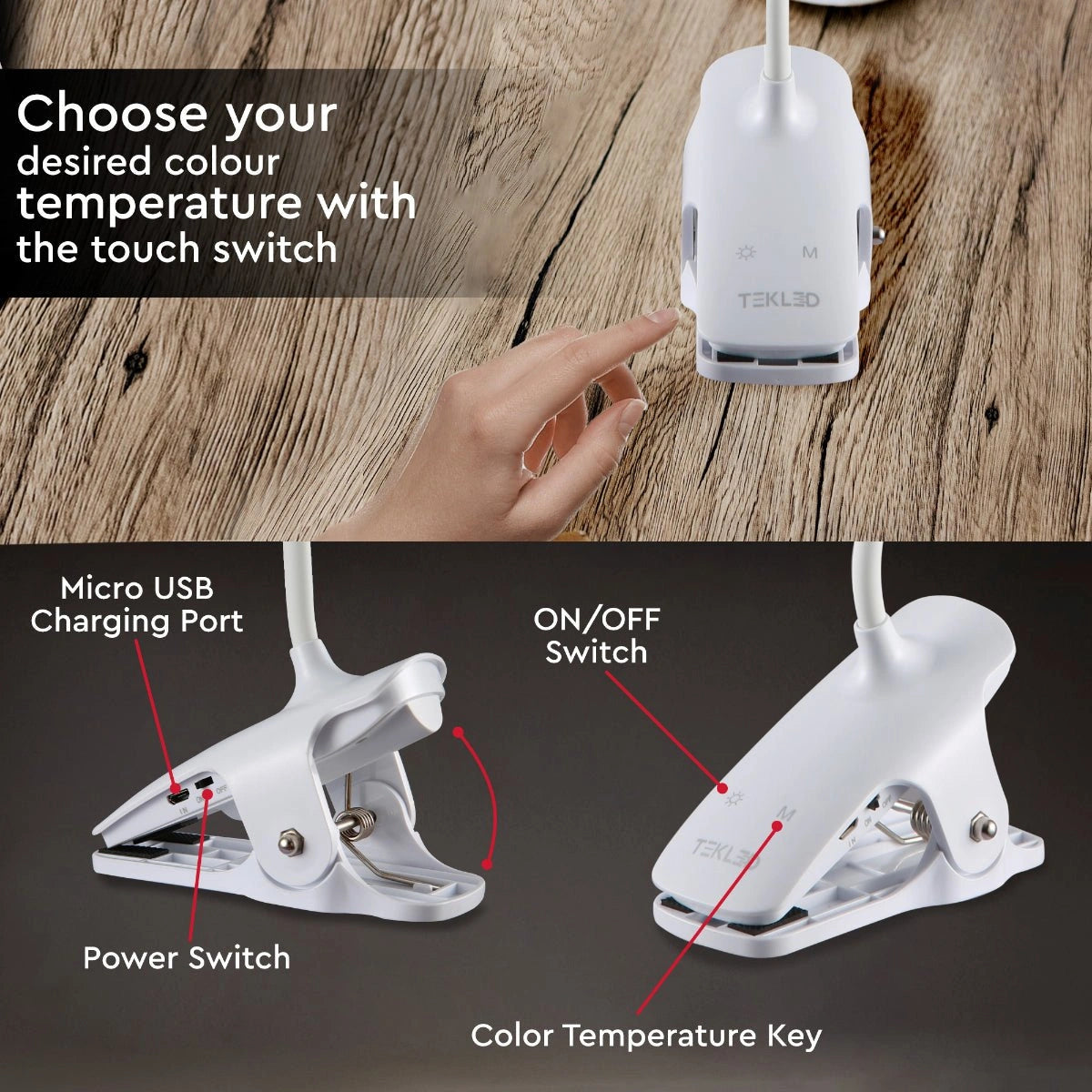 User manual for Ringo White Rechargable Clip on Reading Desk Light Dimmable and Colour Modes | TEKLED 130-03620